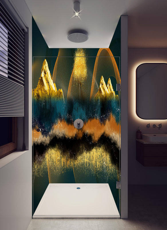 Duschrückwand - Nächtlicher Anblick - Zeichnung in hellem Badezimmer mit Regenduschkopf  - zweiteilige Eck-Duschrückwand