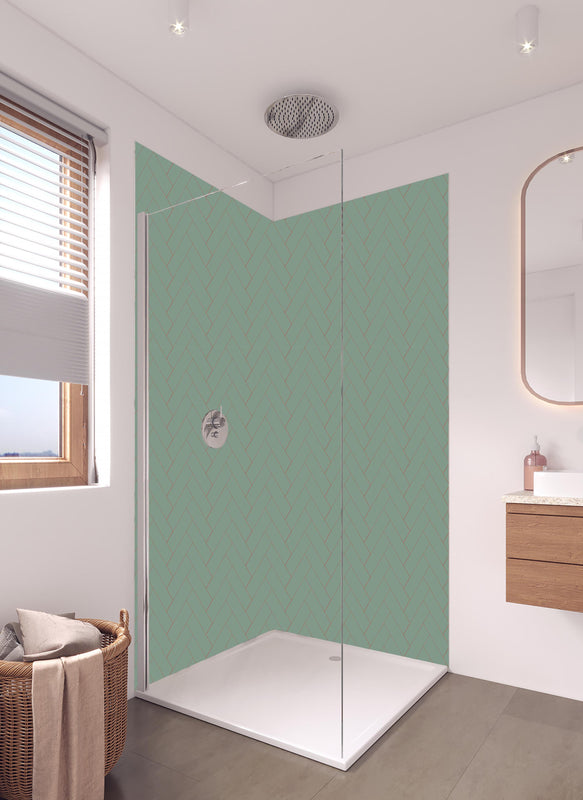 Duschrückwand - Nahtloses Fischgrät-Muster in Pastell in hellem Badezimmer mit Regenduschkopf  - zweiteilige Eck-Duschrückwand