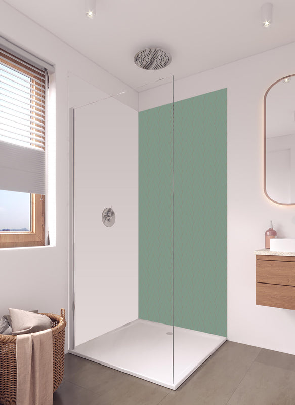 Duschrückwand - Nahtloses Fischgrät-Muster in Pastell in hellem Badezimmer mit Regenduschkopf  - zweiteilige Eck-Duschrückwand