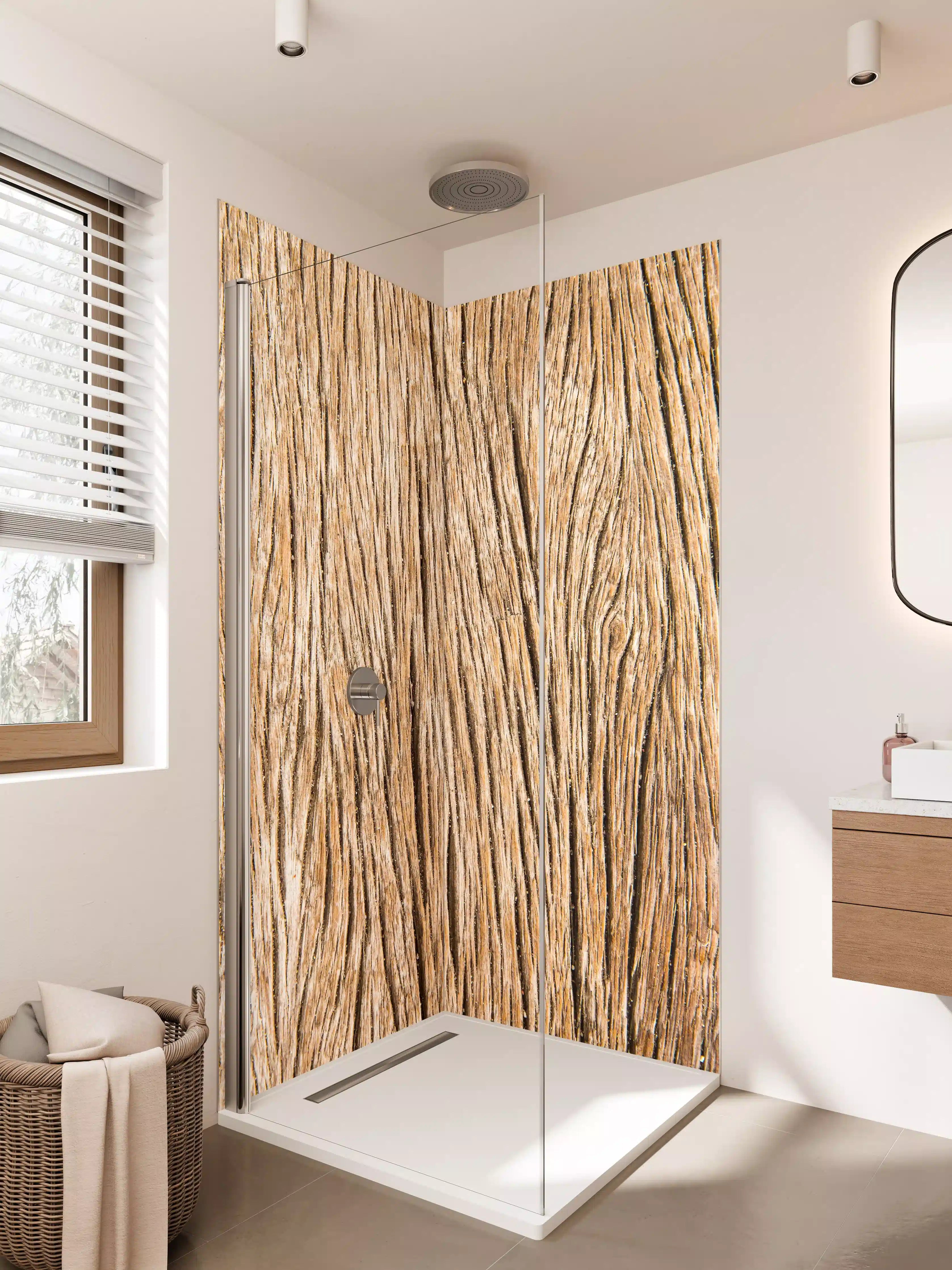 Duschrückwand - Natürliche Holzmaserung in warmen Braun- und Beigetönen