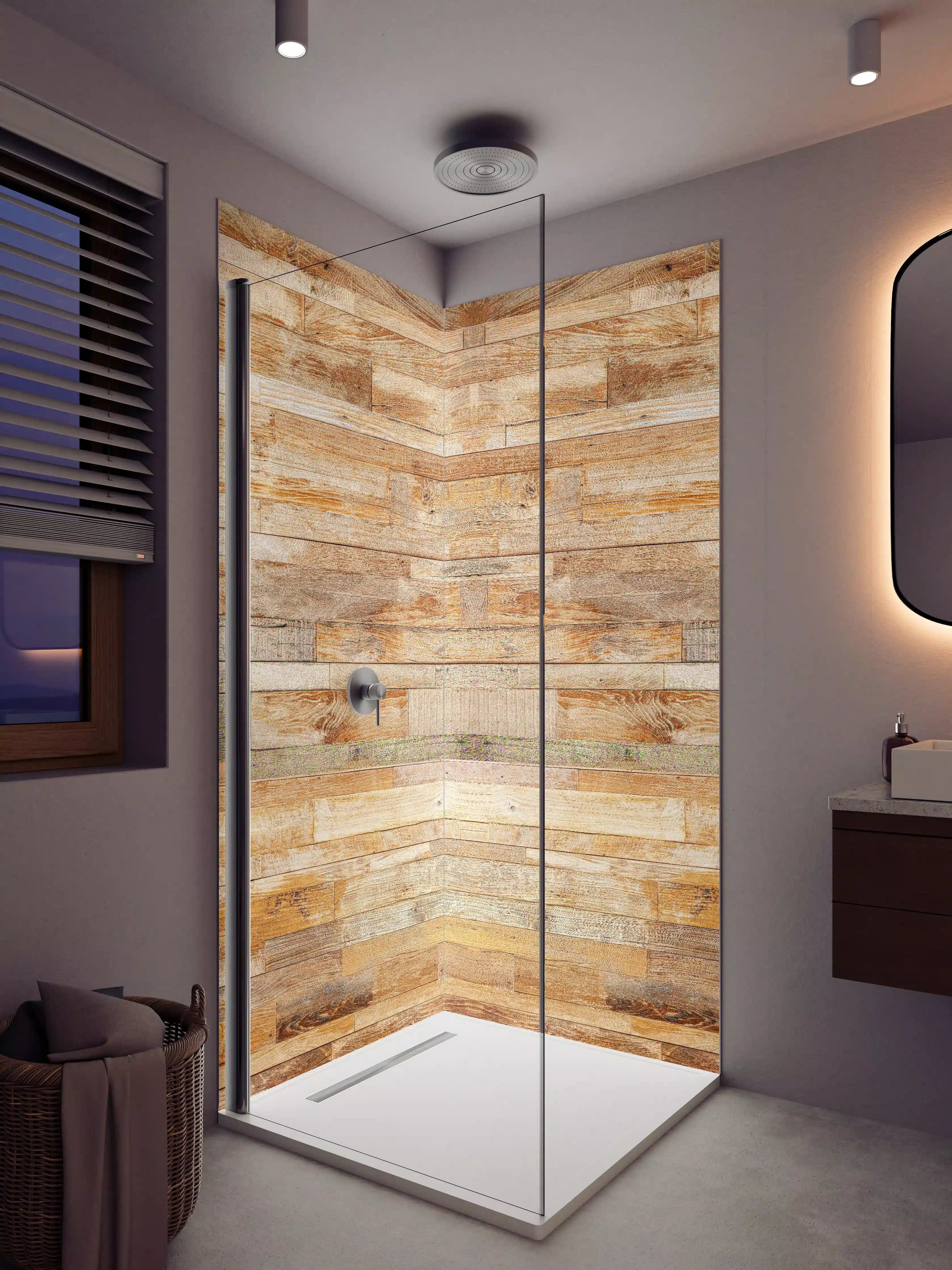 Duschrückwand - Natürliche Holzmaserung in warmen Grautönen