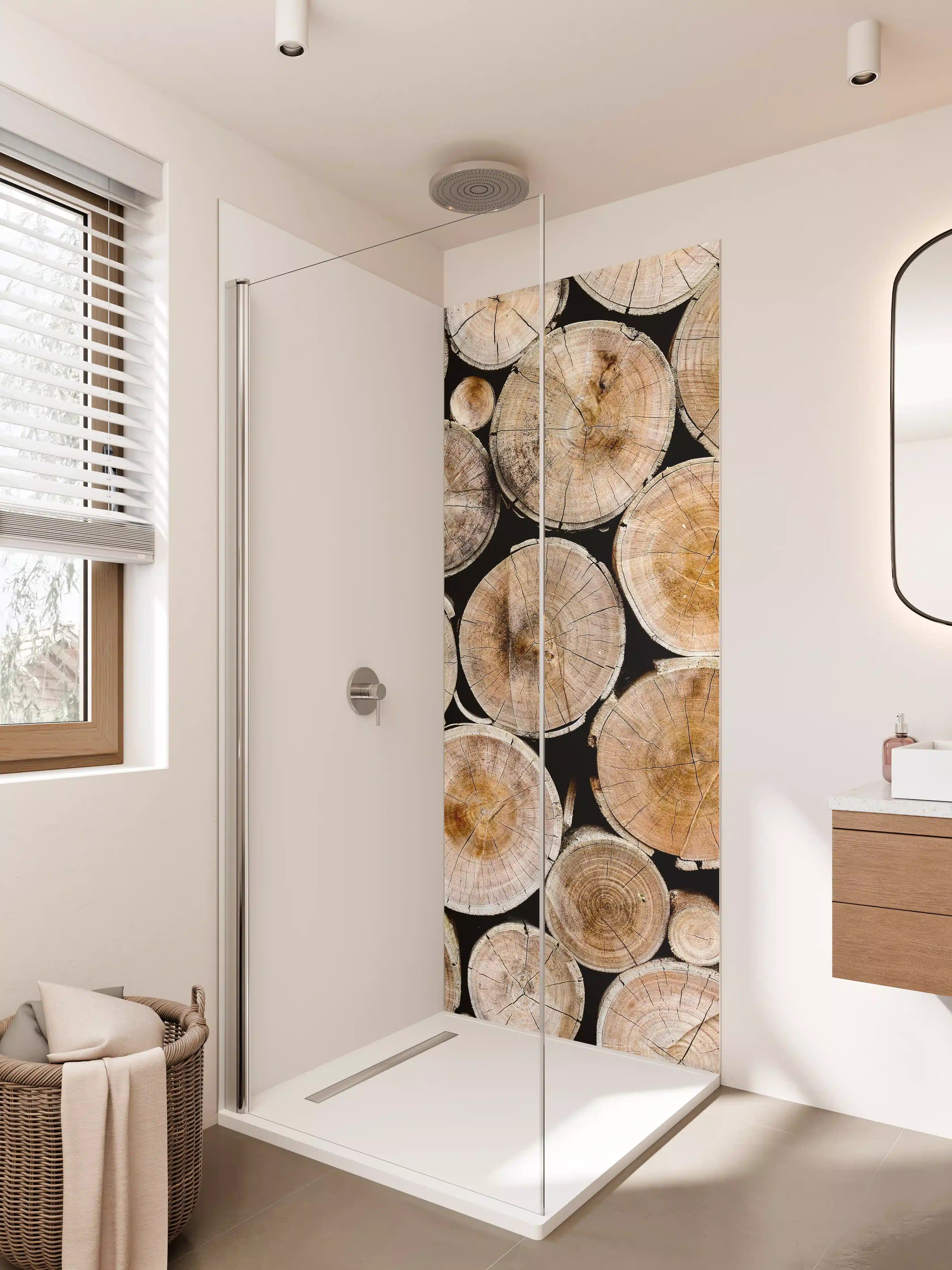Duschrückwand - Natürliche Holzoptik mit Baumstämmen