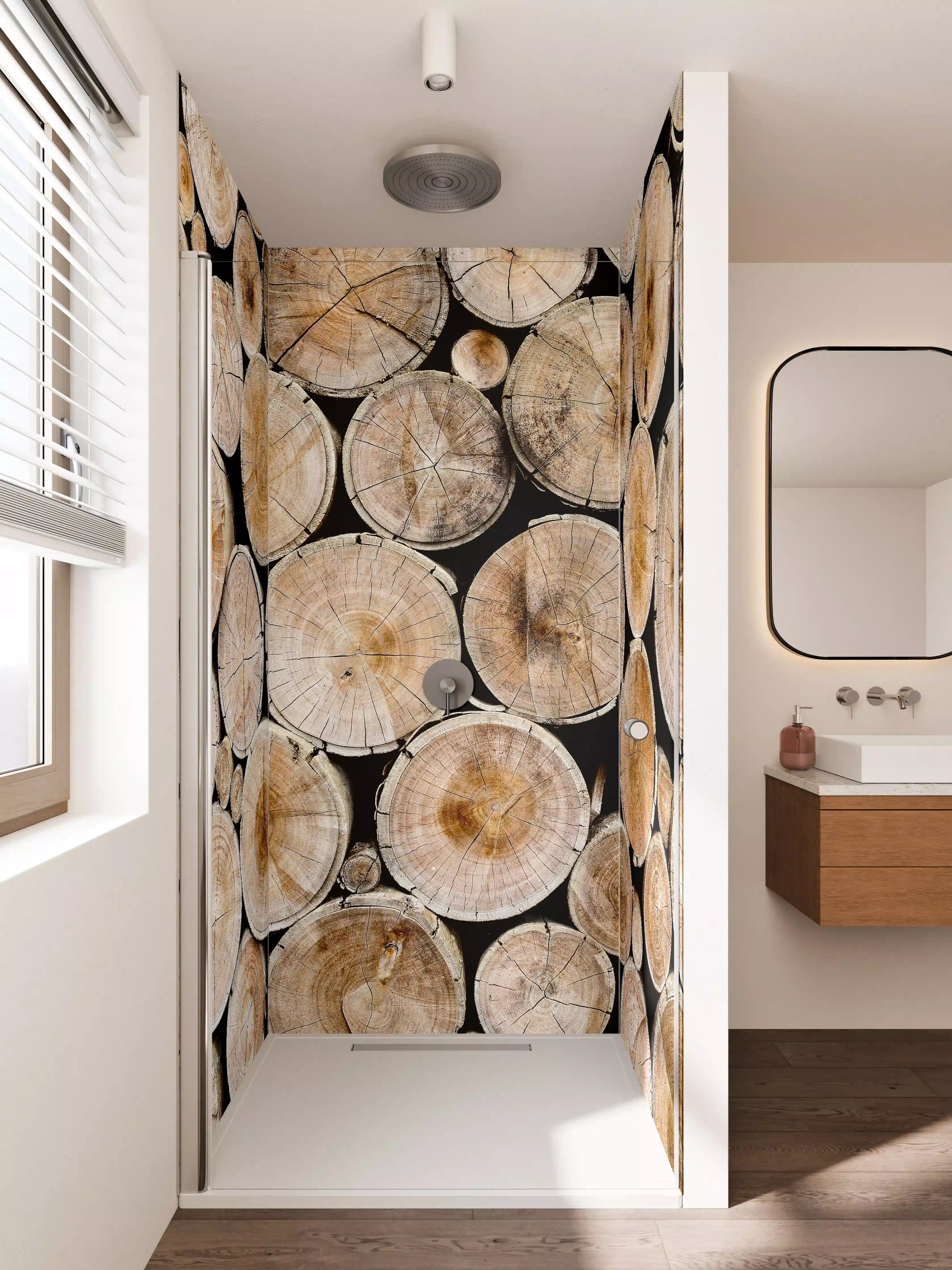 Duschrückwand - Natürliche Holzoptik mit Baumstämmen