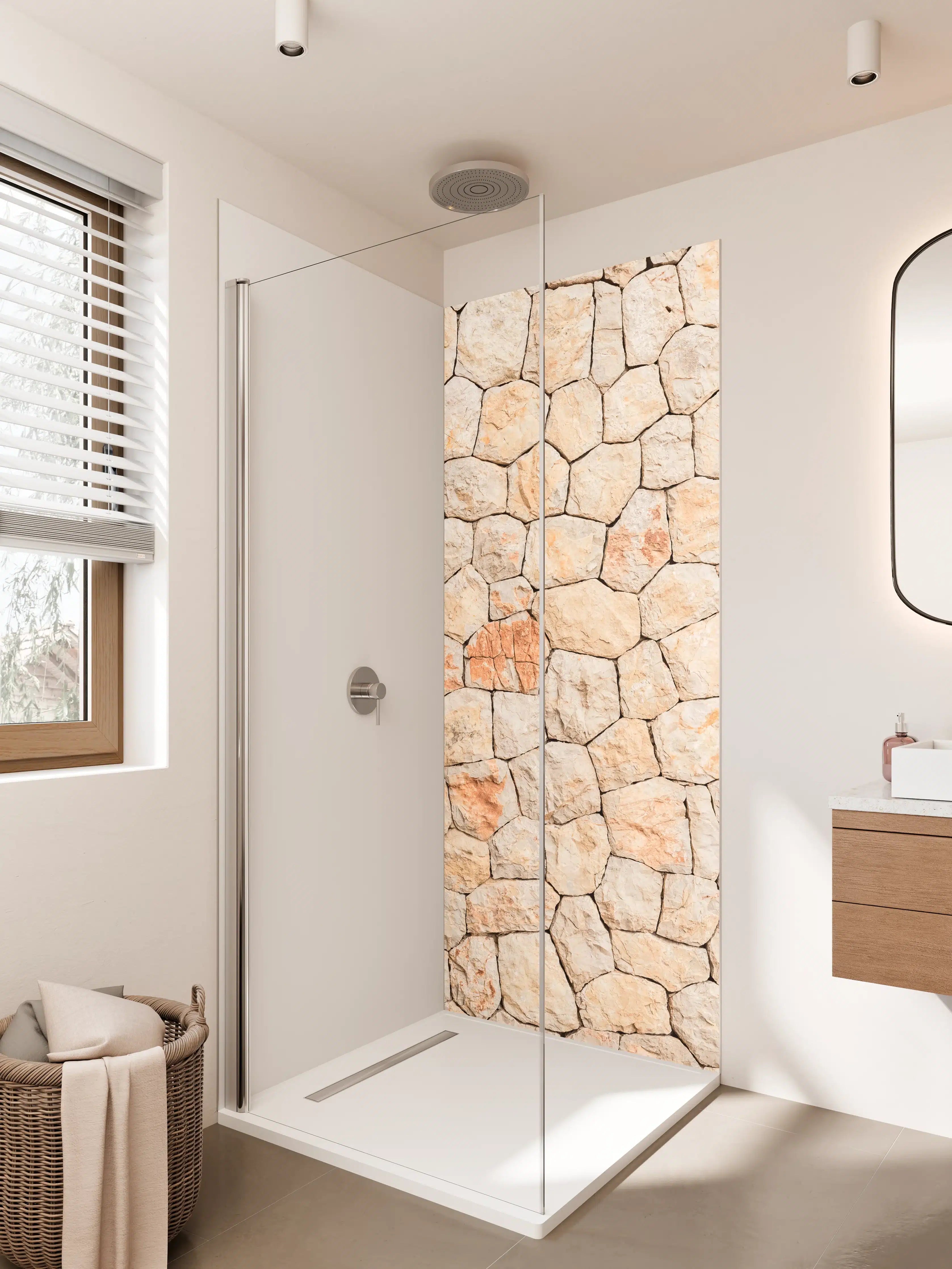 Duschrückwand - Natürliche Steine-Optik mit warmen Beige- und Terrakottatönen