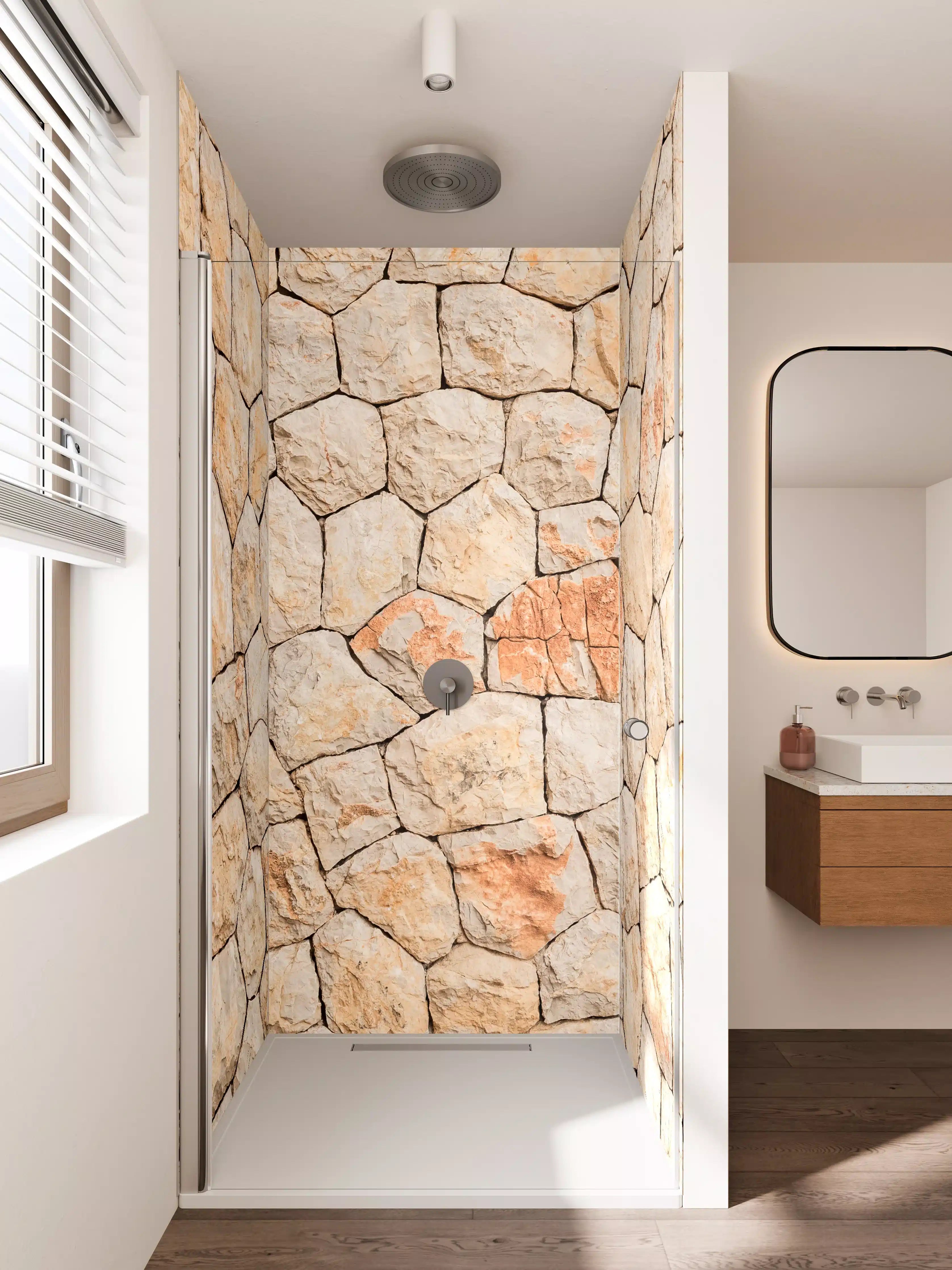 Duschrückwand - Natürliche Steine-Optik mit warmen Beige- und Terrakottatönen
