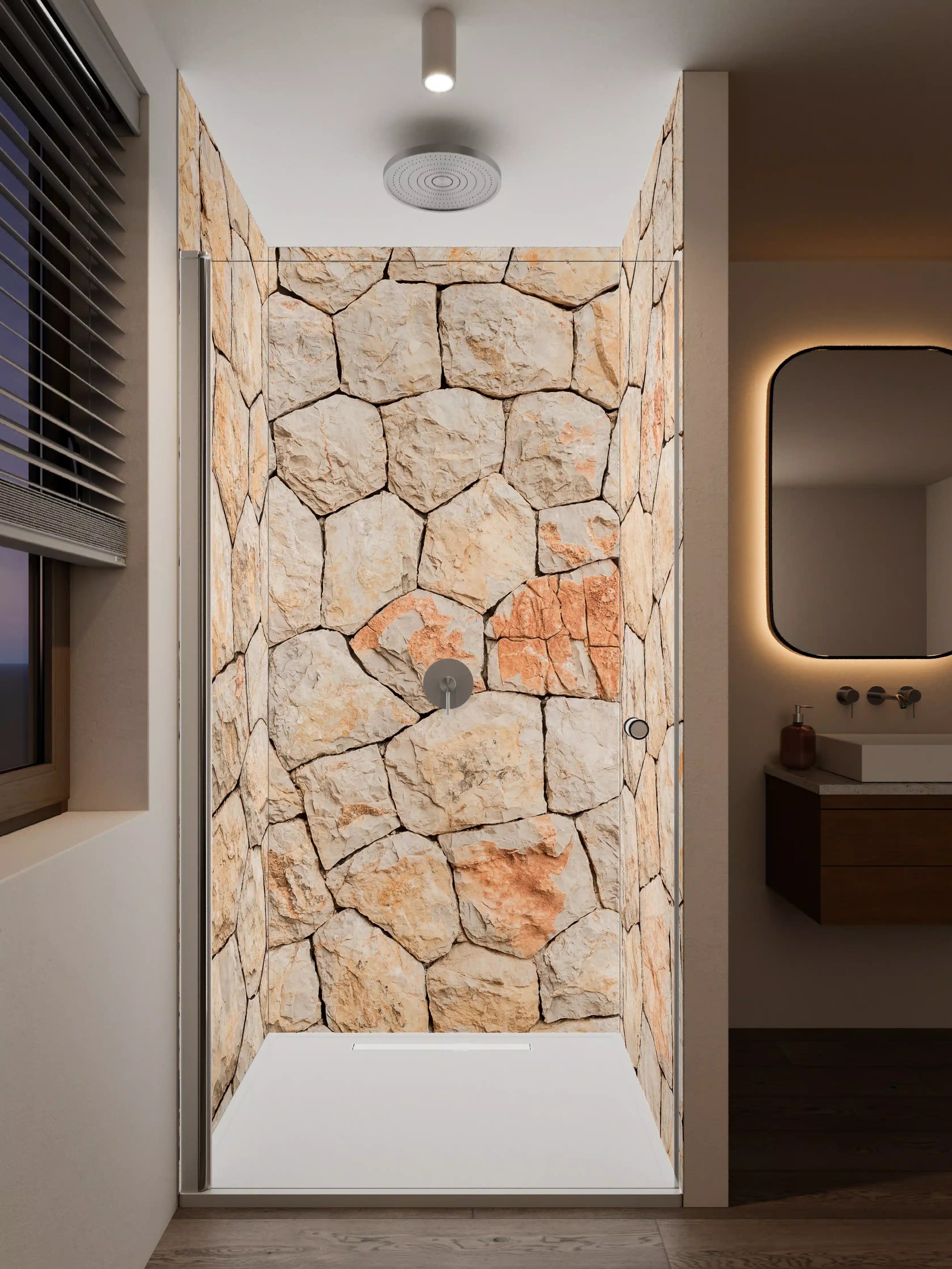 Duschrückwand - Natürliche Steine-Optik mit warmen Beige- und Terrakottatönen