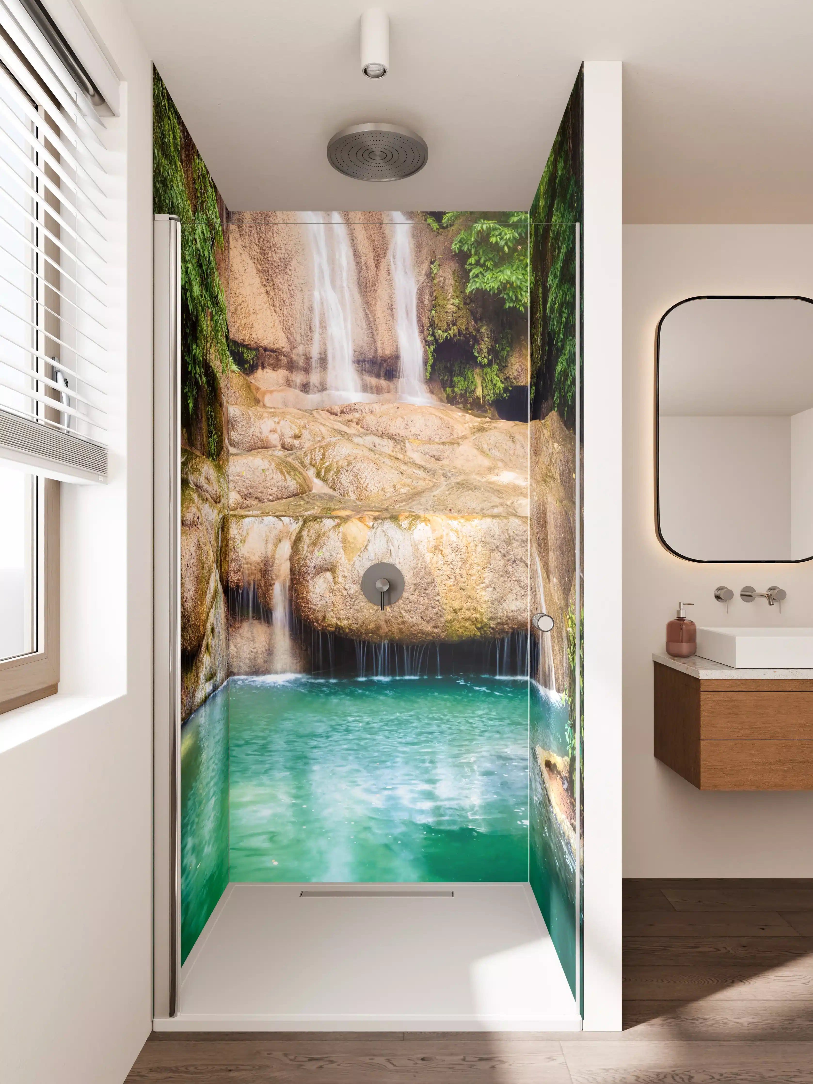 Duschrückwand - Naturidyll mit Wasserfall und türkisfarbenem Wasser