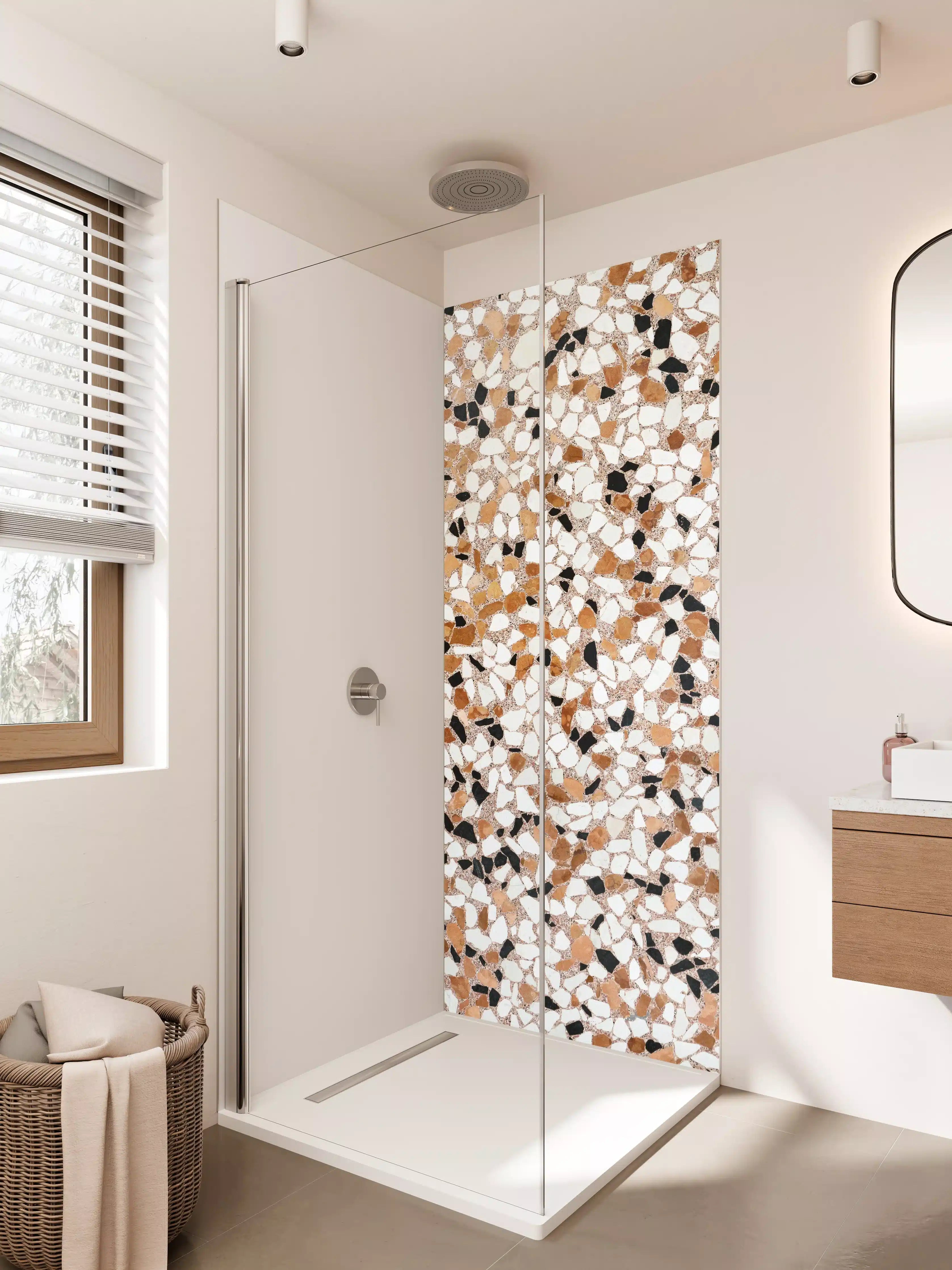 Duschrückwand - Naturstein-Optik mit harmonischen Beige-, Schwarz- und Weißtönen