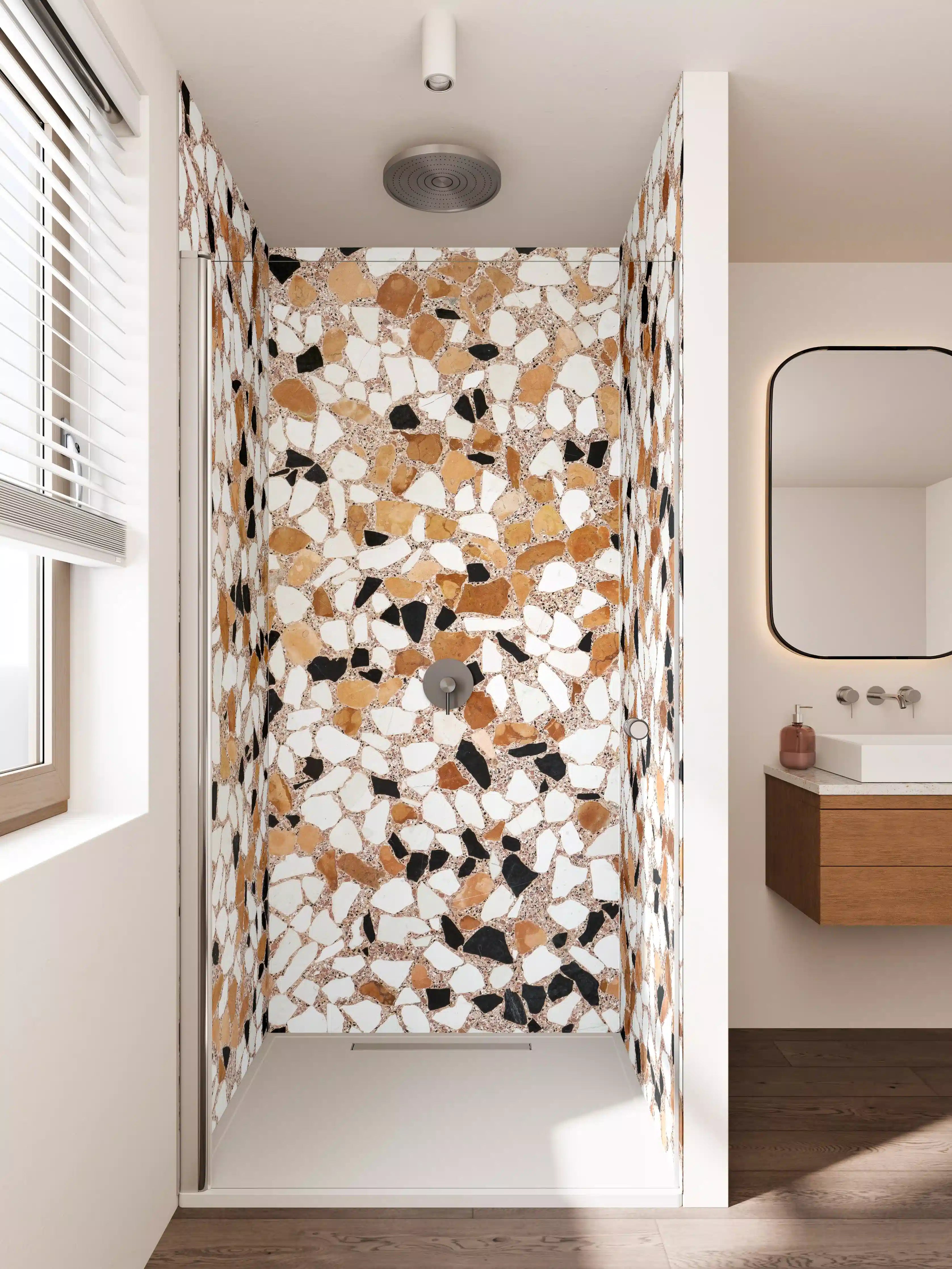 Duschrückwand - Naturstein-Optik mit harmonischen Beige-, Schwarz- und Weißtönen