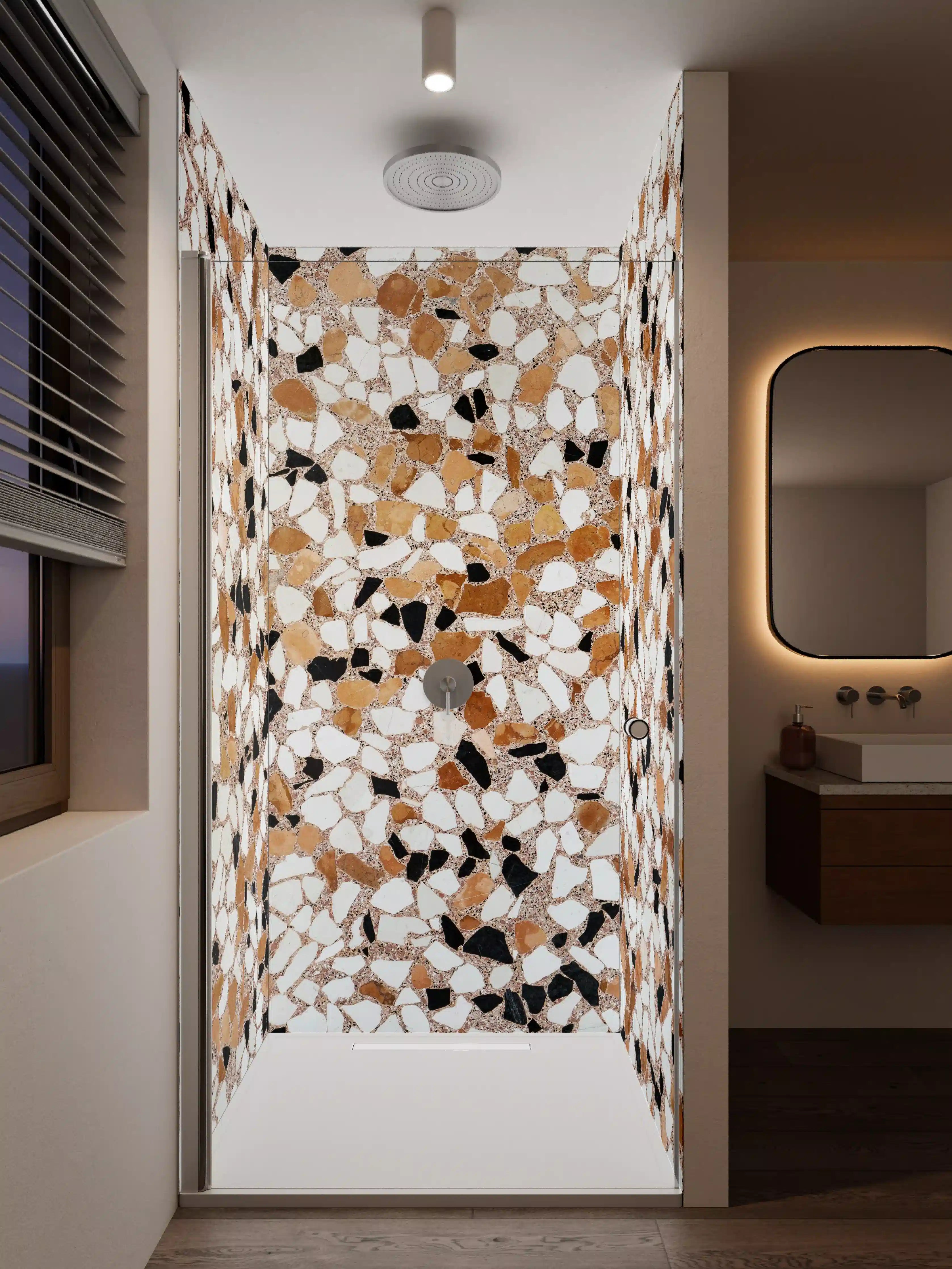 Duschrückwand - Naturstein-Optik mit harmonischen Beige-, Schwarz- und Weißtönen