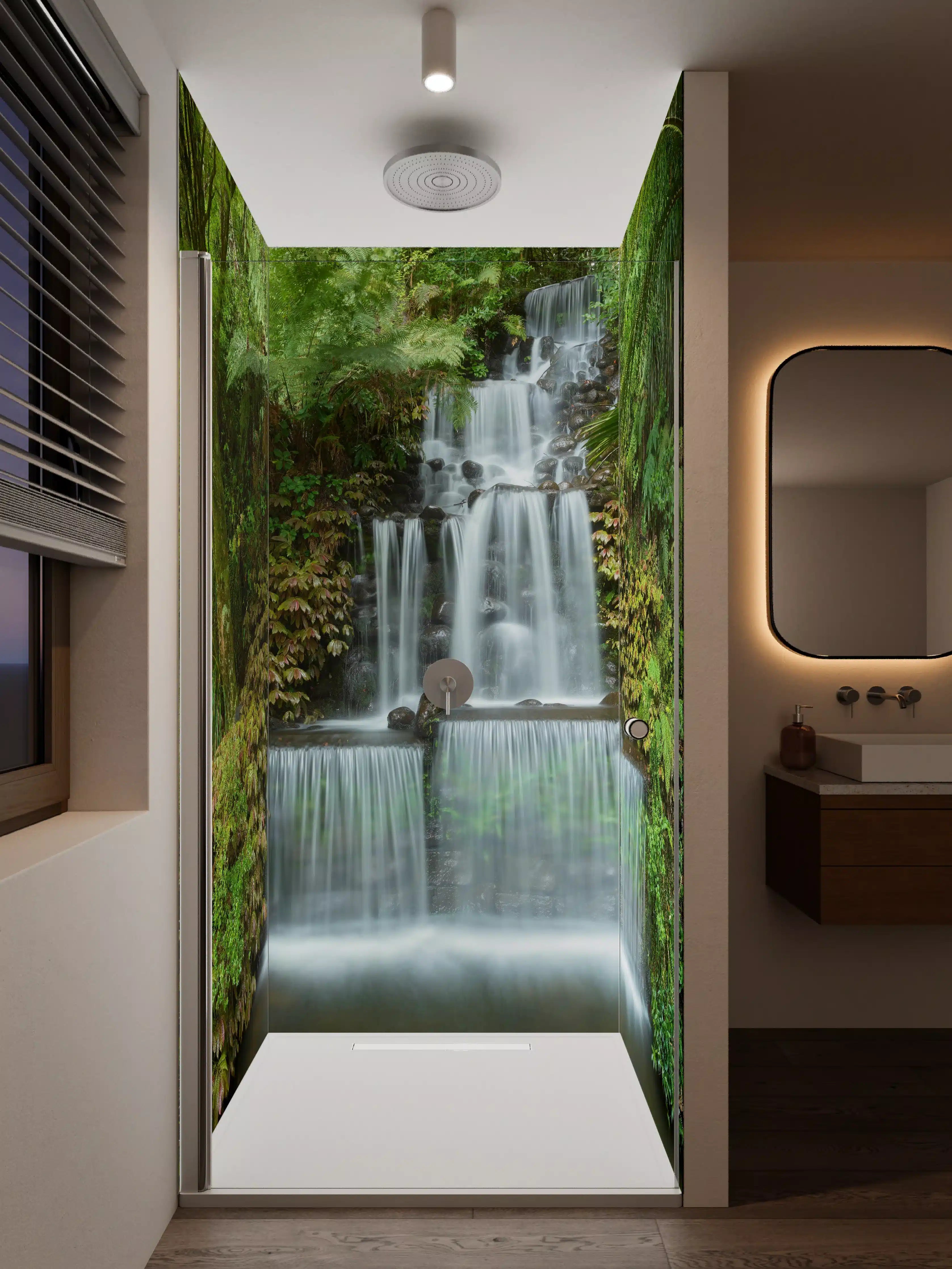 Duschrückwand - Naturwasserfall mit grüner Vegetation