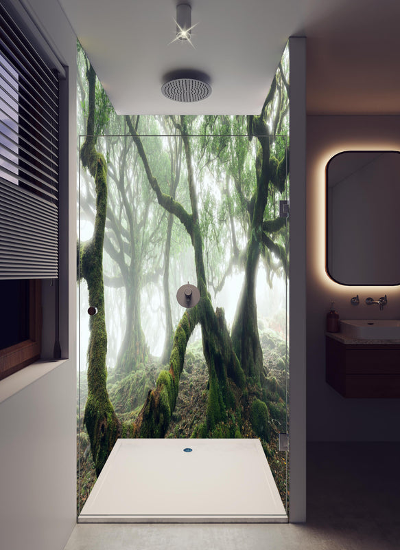 Duschrückwand - Nebeliger, mystischer Wald in hellem Badezimmer mit Regenduschkopf  - zweiteilige Eck-Duschrückwand