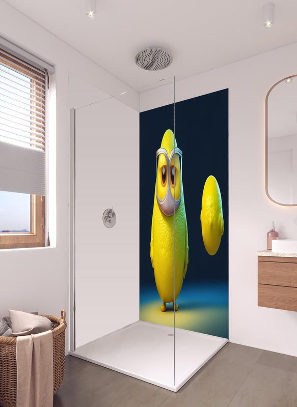 Duschrückwand - Nerdige Cartoon Zitrone in hellem Badezimmer mit Regenduschkopf  - zweiteilige Eck-Duschrückwand