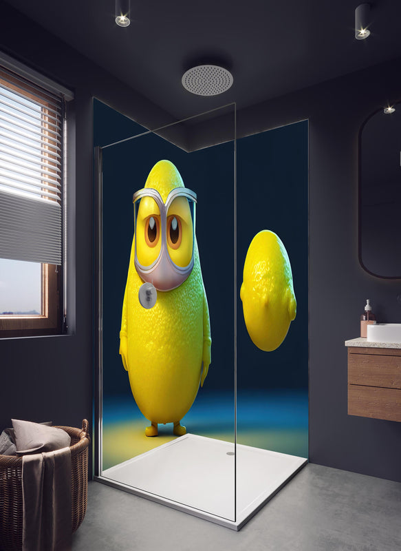 Duschrückwand - Nerdige Cartoon Zitrone in hellem Badezimmer mit Regenduschkopf  - zweiteilige Eck-Duschrückwand