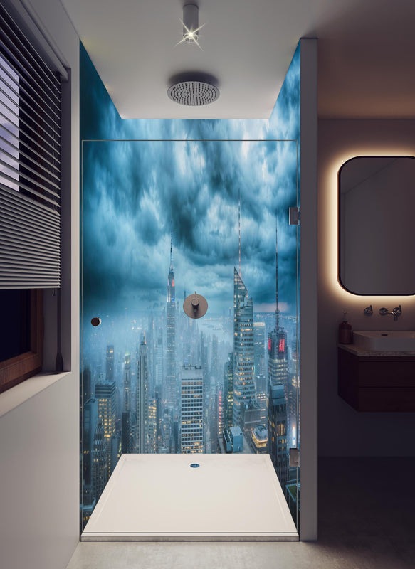 Duschrückwand - New York Skyline in hellem Badezimmer mit Regenduschkopf  - zweiteilige Eck-Duschrückwand