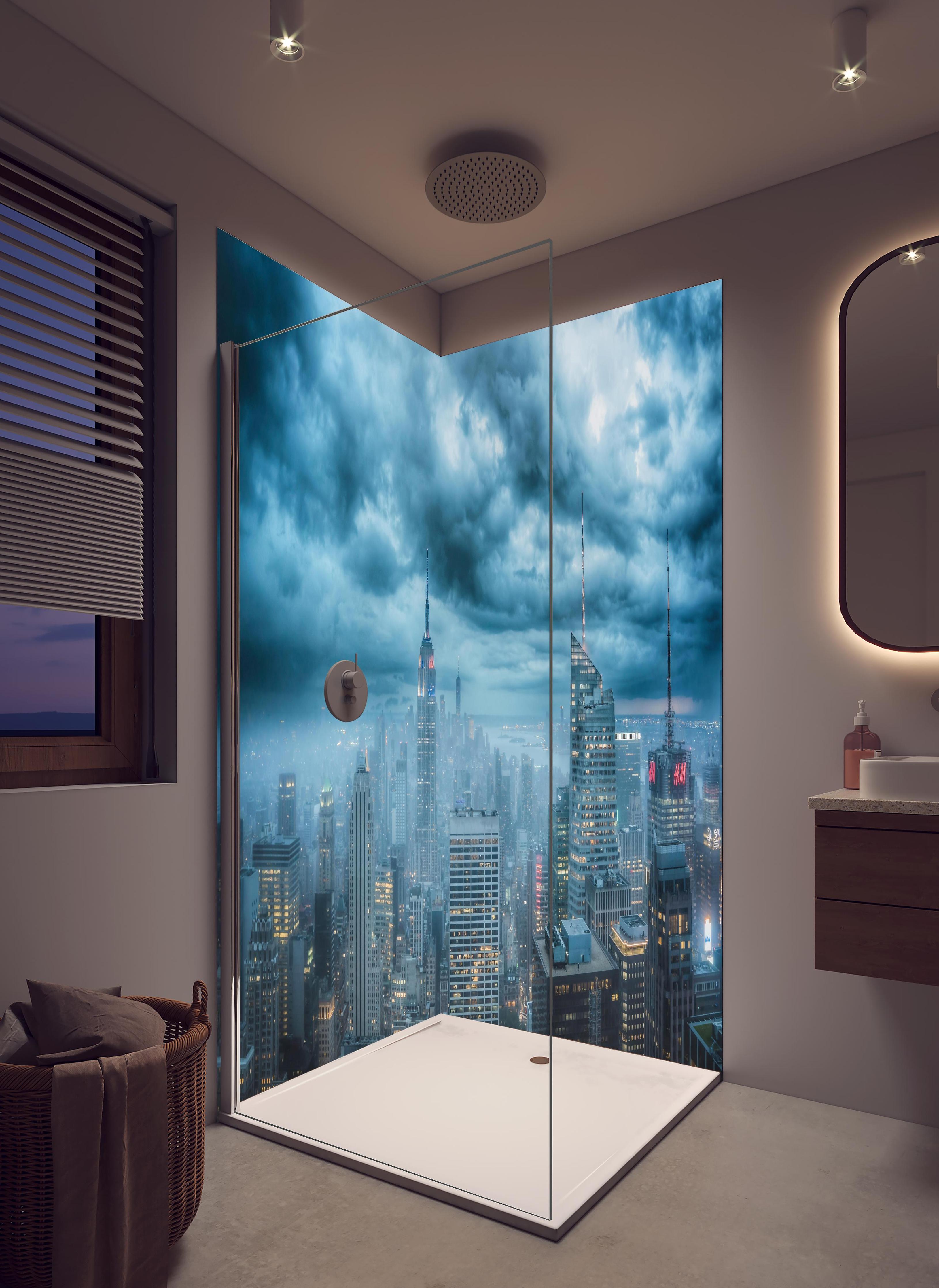 Duschrückwand - New York Skyline in hellem Badezimmer mit Regenduschkopf  - zweiteilige Eck-Duschrückwand