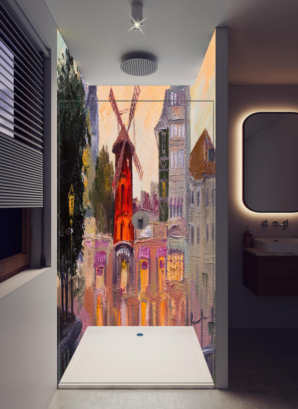 Duschrückwand - Ölgemälde Stadtbild - Moulin rouge in hellem Badezimmer mit Regenduschkopf  - zweiteilige Eck-Duschrückwand