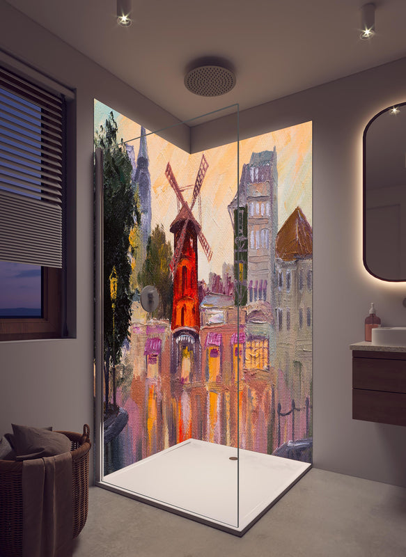 Duschrückwand - Ölgemälde Stadtbild - Moulin rouge in hellem Badezimmer mit Regenduschkopf  - zweiteilige Eck-Duschrückwand