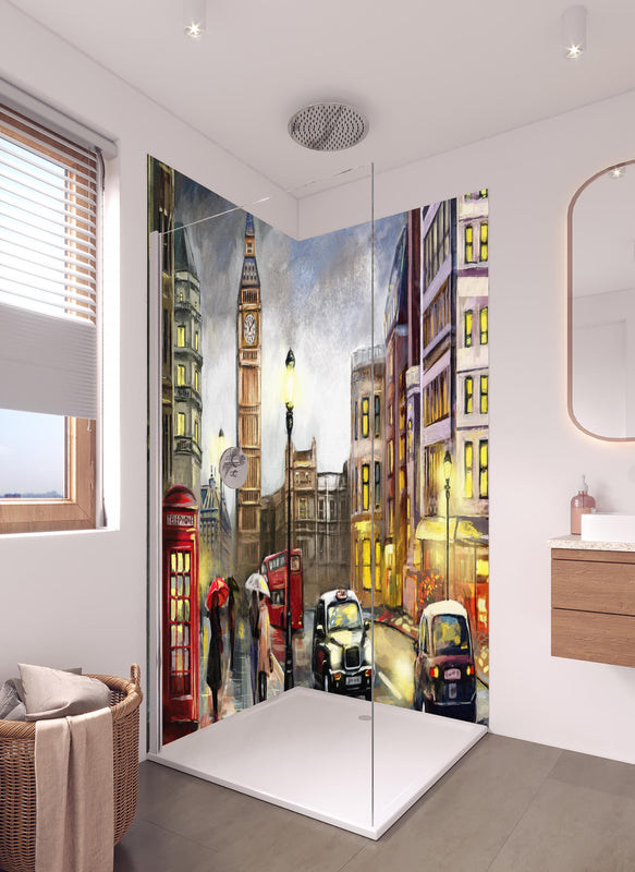 Duschrückwand - Ölgemälde von Londoner Innenstadt in hellem Badezimmer mit Regenduschkopf  - zweiteilige Eck-Duschrückwand