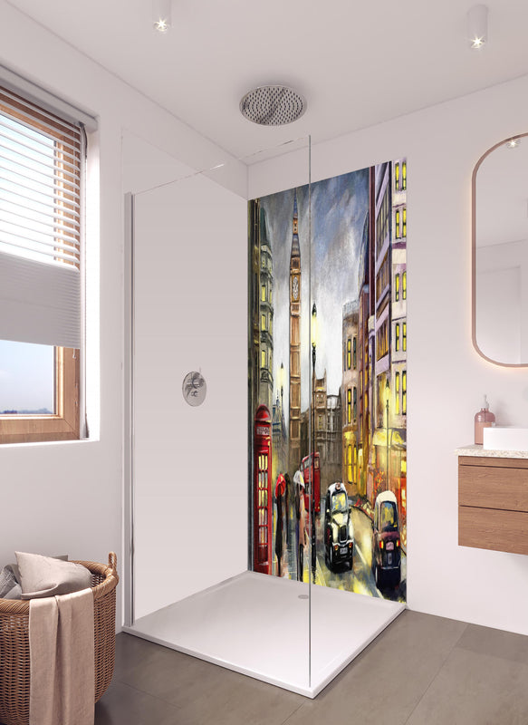 Duschrückwand - Ölgemälde von Londoner Innenstadt in hellem Badezimmer mit Regenduschkopf  - zweiteilige Eck-Duschrückwand