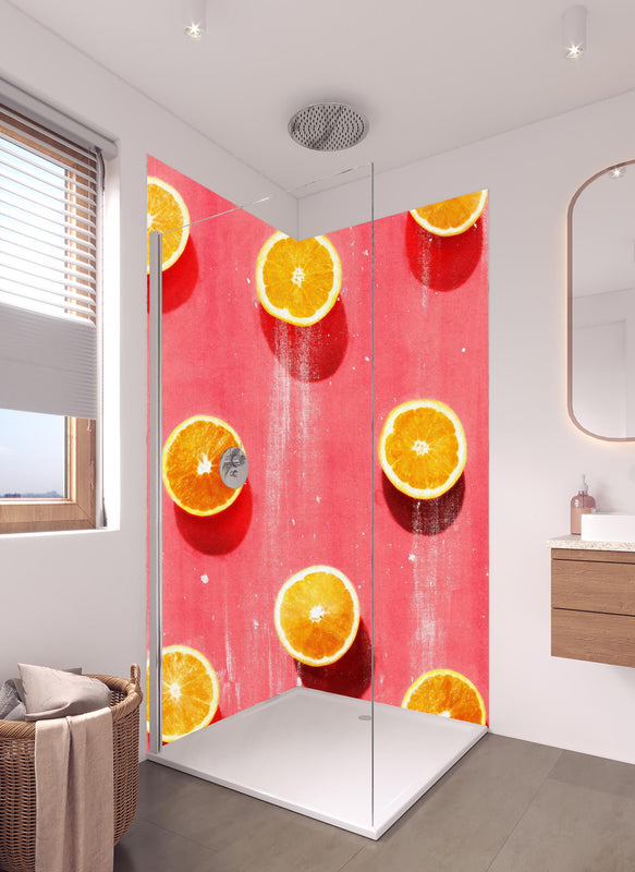 Duschrückwand - Oragen - Grafik in hellem Badezimmer mit Regenduschkopf  - zweiteilige Eck-Duschrückwand