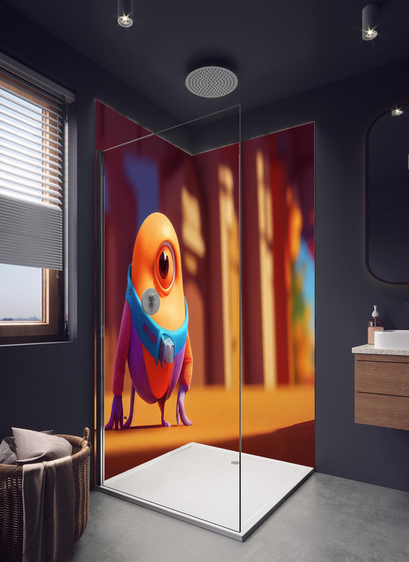Duschrückwand - Orangenes Cartoon Männchen  in hellem Badezimmer mit Regenduschkopf  - zweiteilige Eck-Duschrückwand