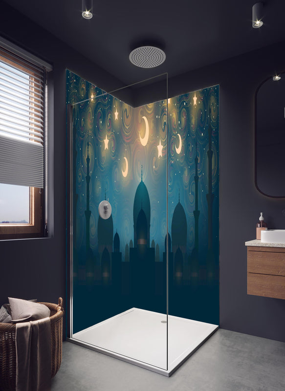 Duschrückwand - Orientalische Moschee Nacht Silhouette in hellem Badezimmer mit Regenduschkopf  - zweiteilige Eck-Duschrückwand