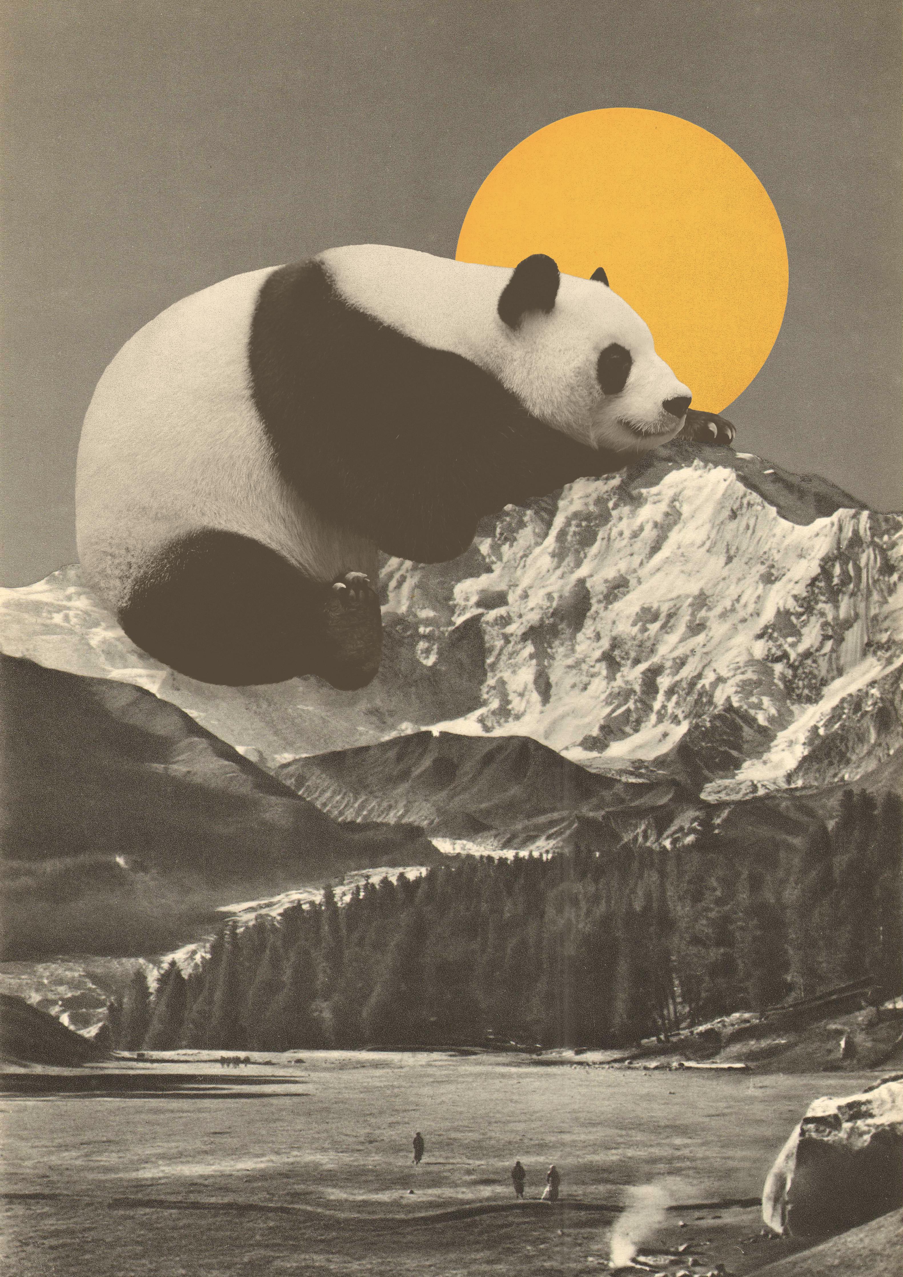 Duschrückwand-Panda Rast Monochrom Bergkulisse