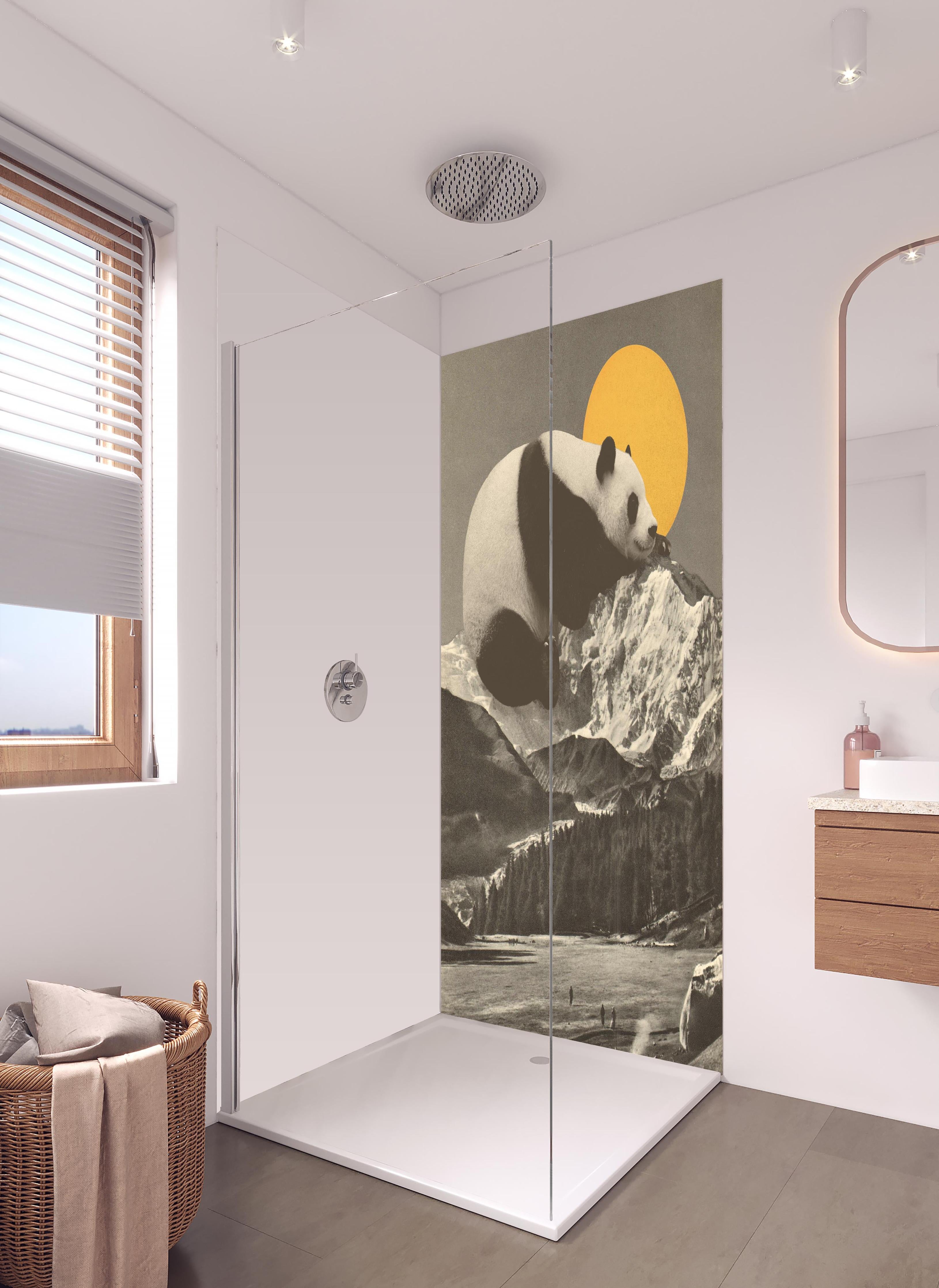 Duschrückwand - Panda Rast Monochrom Bergkulisse in hellem Badezimmer mit Regenduschkopf  - zweiteilige Eck-Duschrückwand