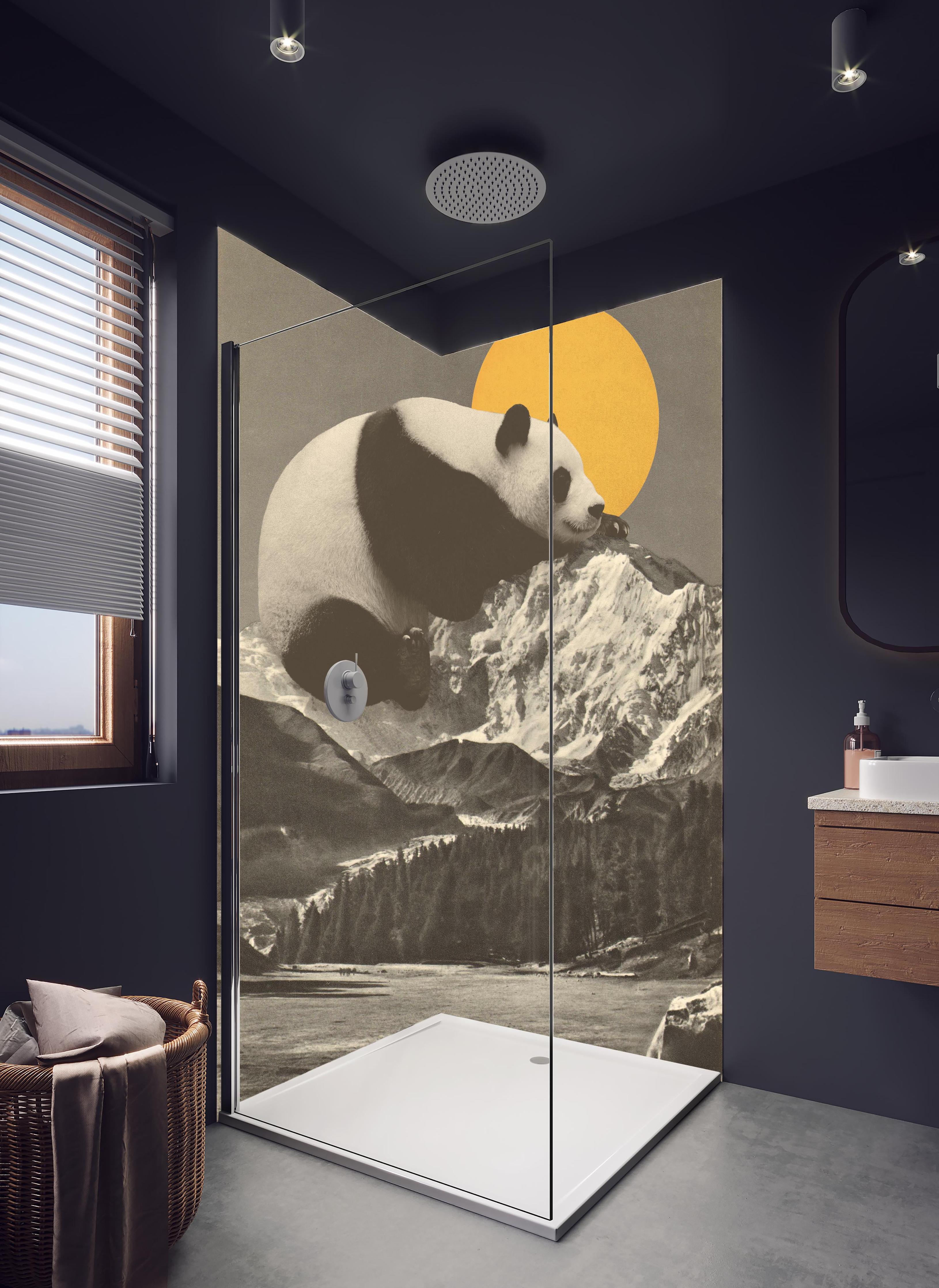 Duschrückwand - Panda Rast Monochrom Bergkulisse in hellem Badezimmer mit Regenduschkopf  - zweiteilige Eck-Duschrückwand