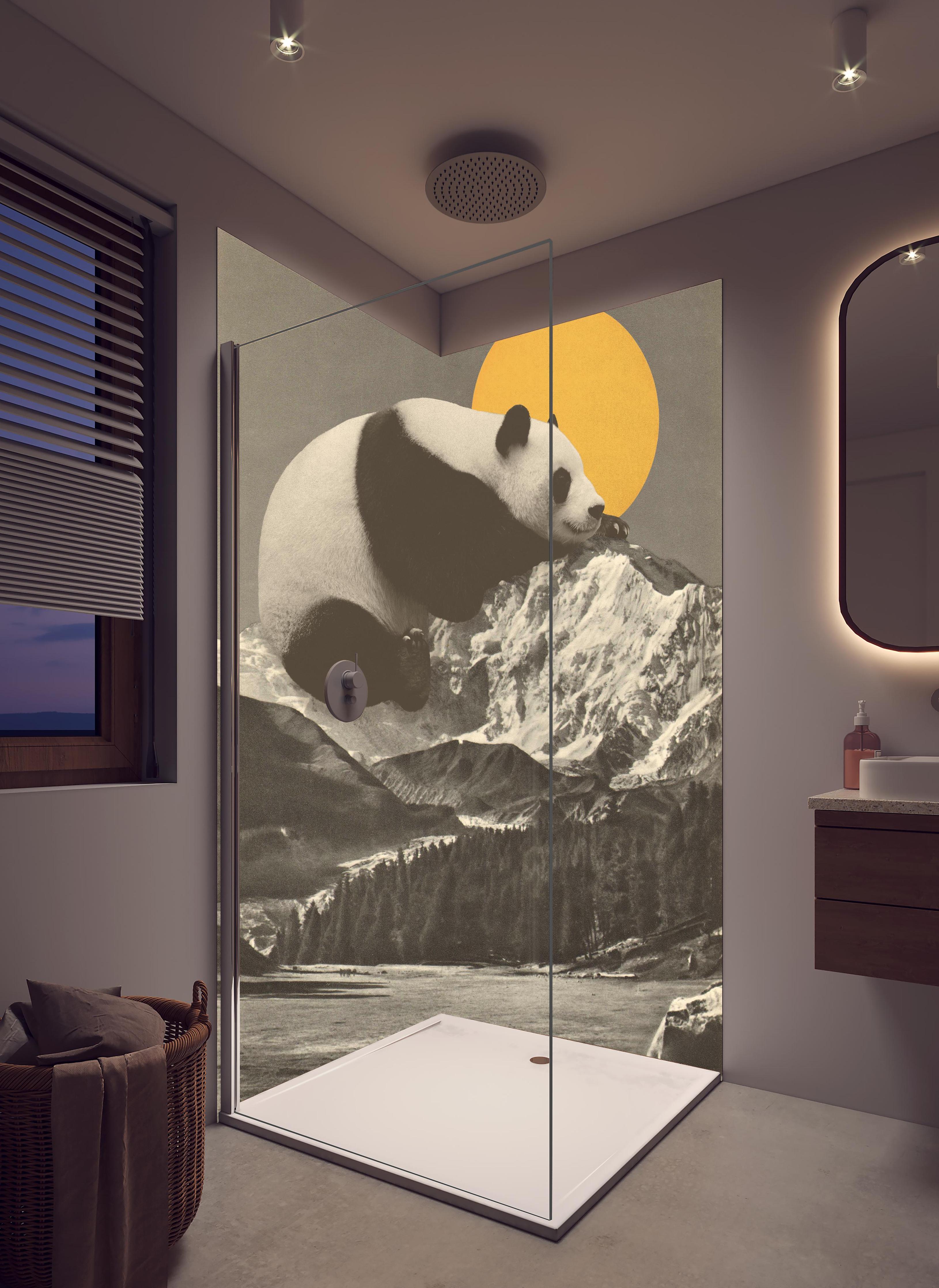 Duschrückwand - Panda Rast Monochrom Bergkulisse in hellem Badezimmer mit Regenduschkopf  - zweiteilige Eck-Duschrückwand