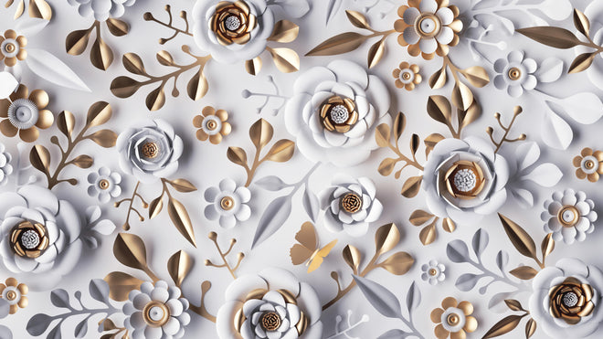 Duschrückwand - Papierblumen Hintergrund in Weiß und Gold