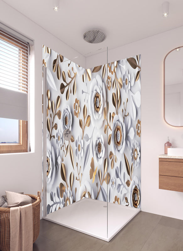 Duschrückwand - Papierblumen Hintergrund in Weiß und Gold in hellem Badezimmer mit Regenduschkopf  - zweiteilige Eck-Duschrückwand