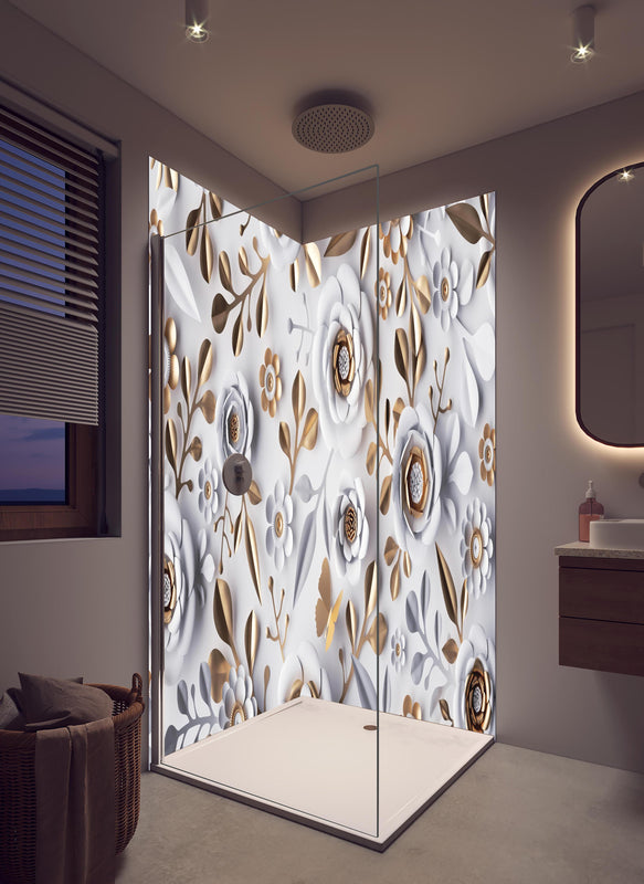 Duschrückwand - Papierblumen Hintergrund in Weiß und Gold in hellem Badezimmer mit Regenduschkopf  - zweiteilige Eck-Duschrückwand