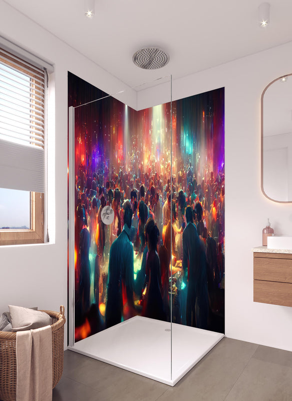 Duschrückwand - Party 3D-Illustration in hellem Badezimmer mit Regenduschkopf  - zweiteilige Eck-Duschrückwand
