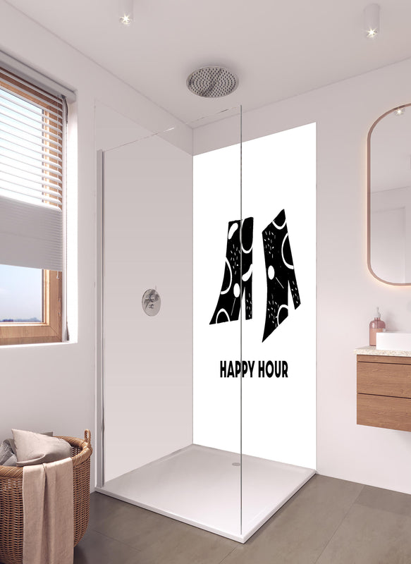 Duschrückwand - Pastell-Picknick-Zeichnung auf Weiß in hellem Badezimmer mit Regenduschkopf  - zweiteilige Eck-Duschrückwand