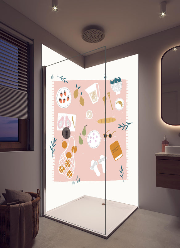 Duschrückwand - Pastell-Picknick-Zeichnung auf Weiß in hellem Badezimmer mit Regenduschkopf  - zweiteilige Eck-Duschrückwand