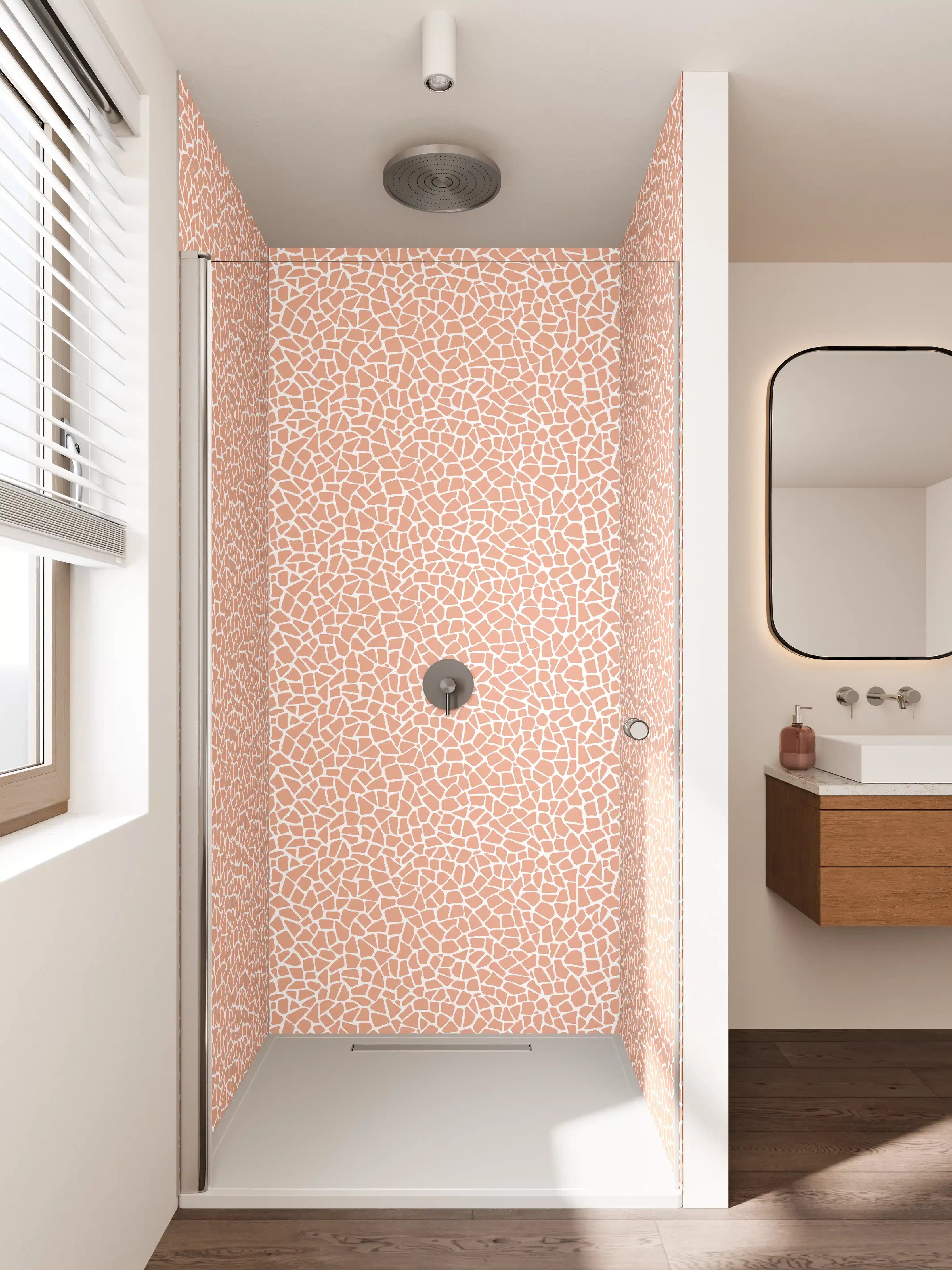 Duschrückwand - Pfirsichfarbene Marmorstruktur mit feinen Linien
