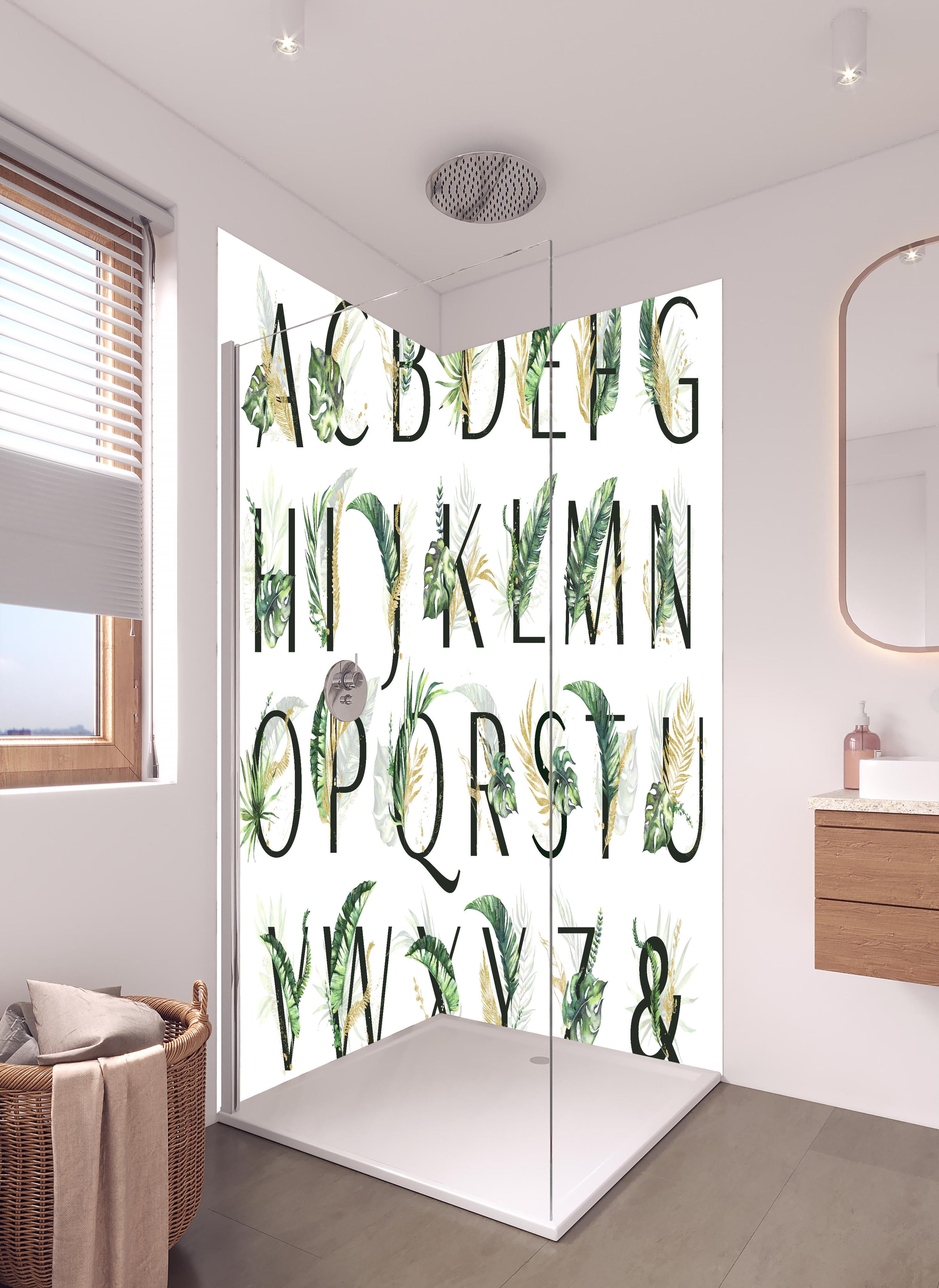 Duschrückwand - Pflanzliche Alphabet Sammlung in hellem Badezimmer mit Regenduschkopf  - zweiteilige Eck-Duschrückwand