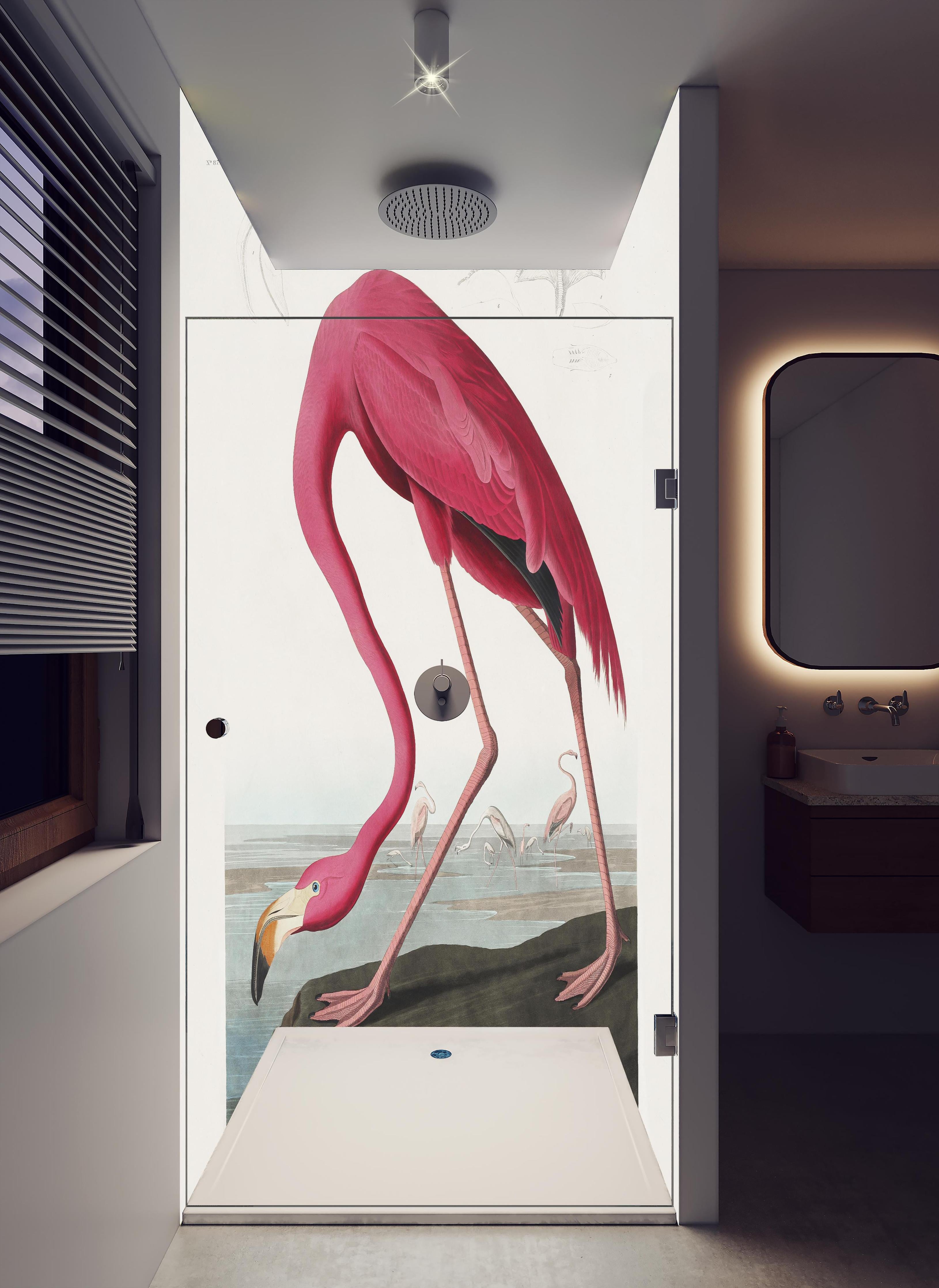 Duschrückwand - Pinker Flamingo - John James Audubon in hellem Badezimmer mit Regenduschkopf  - zweiteilige Eck-Duschrückwand