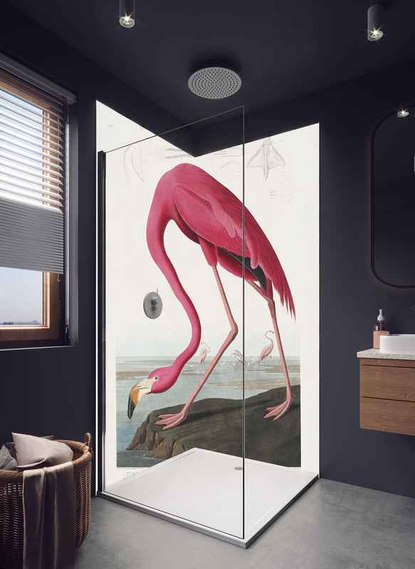 Duschrückwand - Pinker Flamingo - John James Audubon in hellem Badezimmer mit Regenduschkopf  - zweiteilige Eck-Duschrückwand
