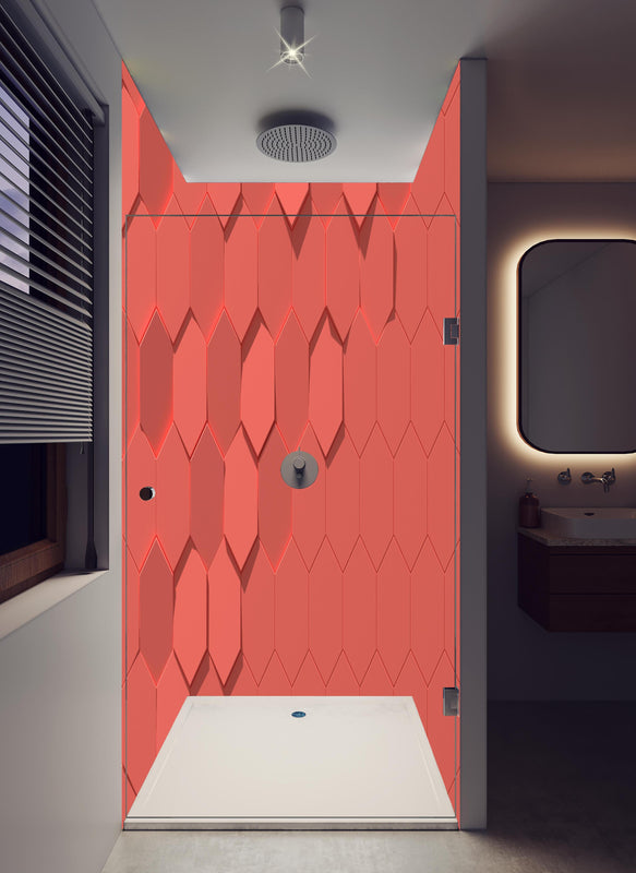 Duschrückwand - Pinkes Sechseck Muster in hellem Badezimmer mit Regenduschkopf  - zweiteilige Eck-Duschrückwand
