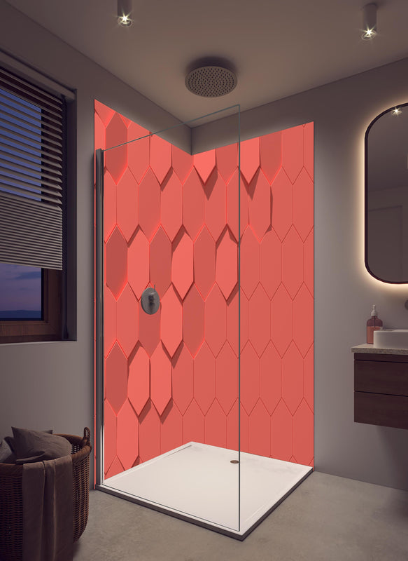 Duschrückwand - Pinkes Sechseck Muster in hellem Badezimmer mit Regenduschkopf  - zweiteilige Eck-Duschrückwand