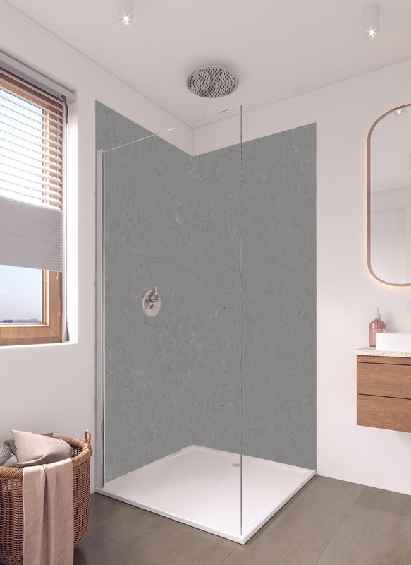 Duschrückwand - Quarz Marble Grey in hellem Badezimmer mit Regenduschkopf  - zweiteilige Eck-Duschrückwand