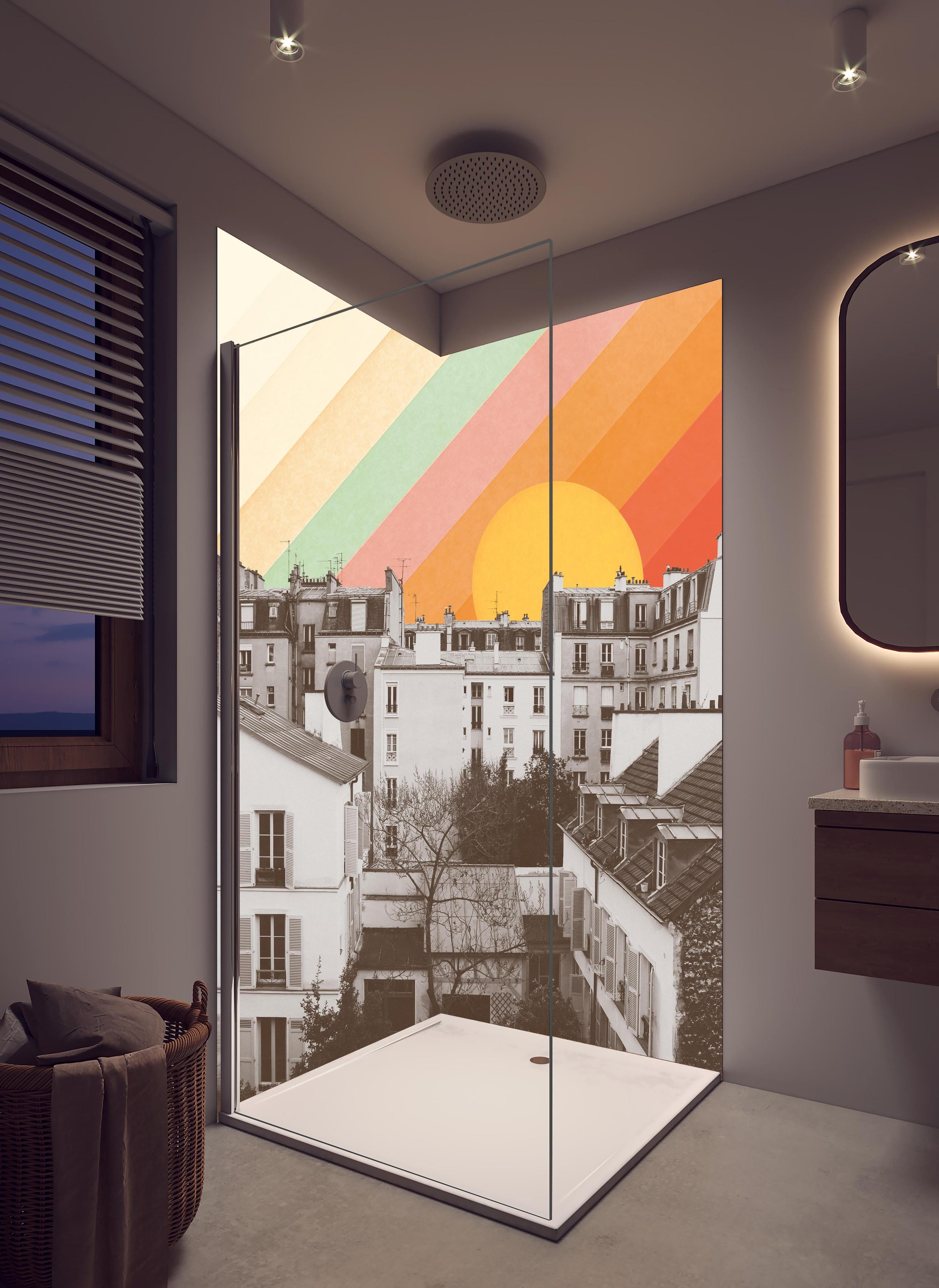 Duschrückwand - Regenbogenstreifen über Paris Schwarzweiß in hellem Badezimmer mit Regenduschkopf  - zweiteilige Eck-Duschrückwand