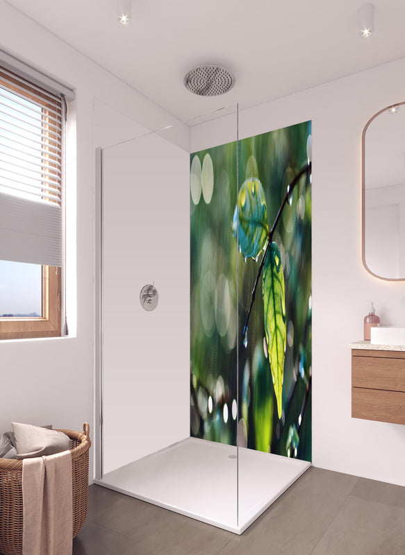 Duschrückwand - Regentropfen auf Blatt und Zweig in hellem Badezimmer mit Regenduschkopf  - zweiteilige Eck-Duschrückwand