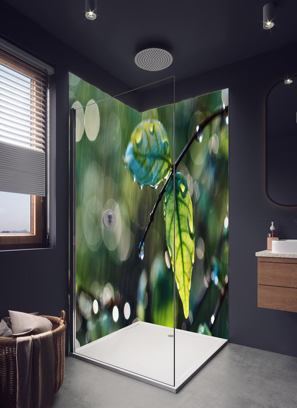 Duschrückwand - Regentropfen auf Blatt und Zweig in hellem Badezimmer mit Regenduschkopf  - zweiteilige Eck-Duschrückwand