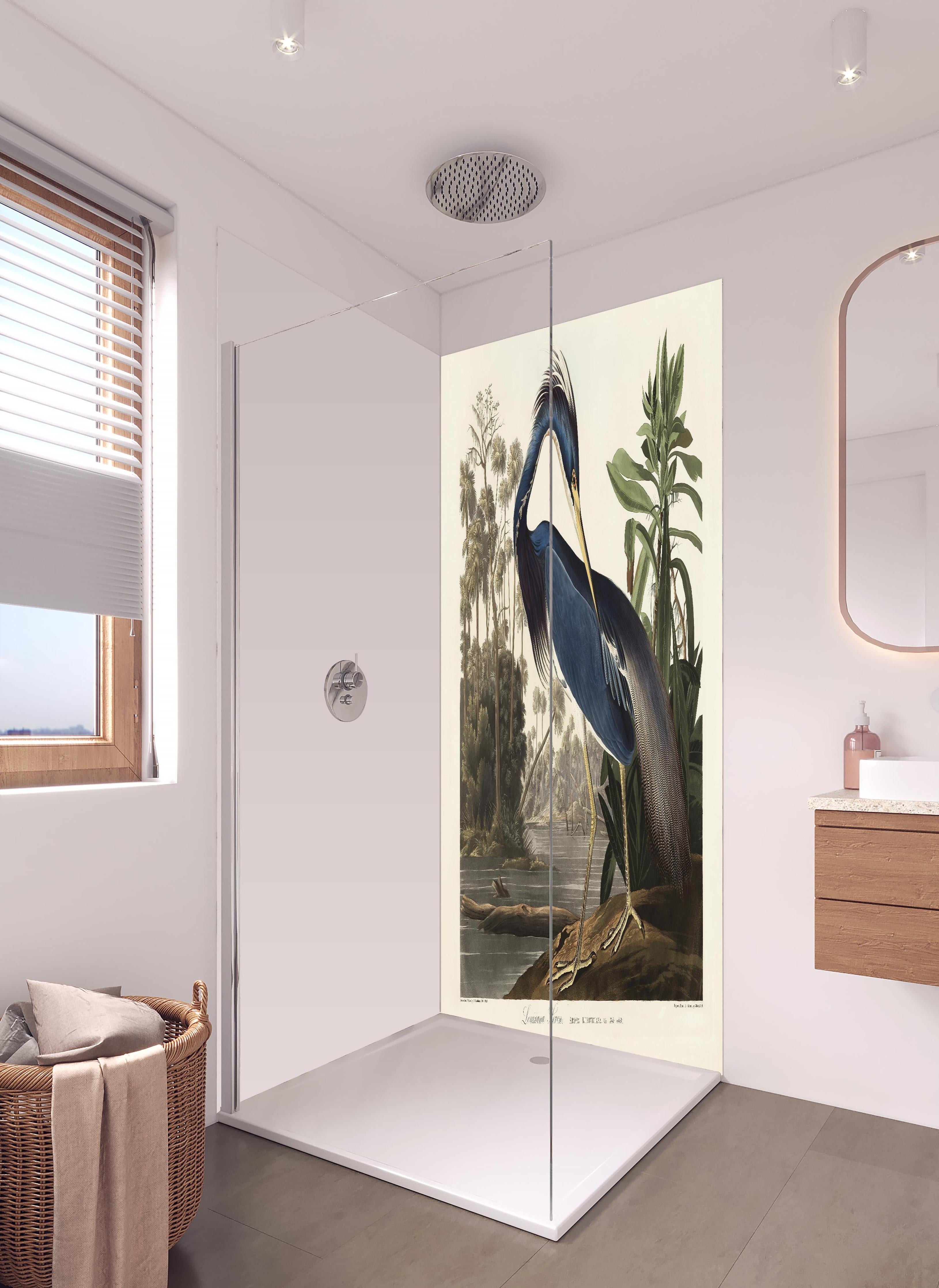 Duschrückwand - Reiher Portrait - John James Audubon in hellem Badezimmer mit Regenduschkopf  - zweiteilige Eck-Duschrückwand