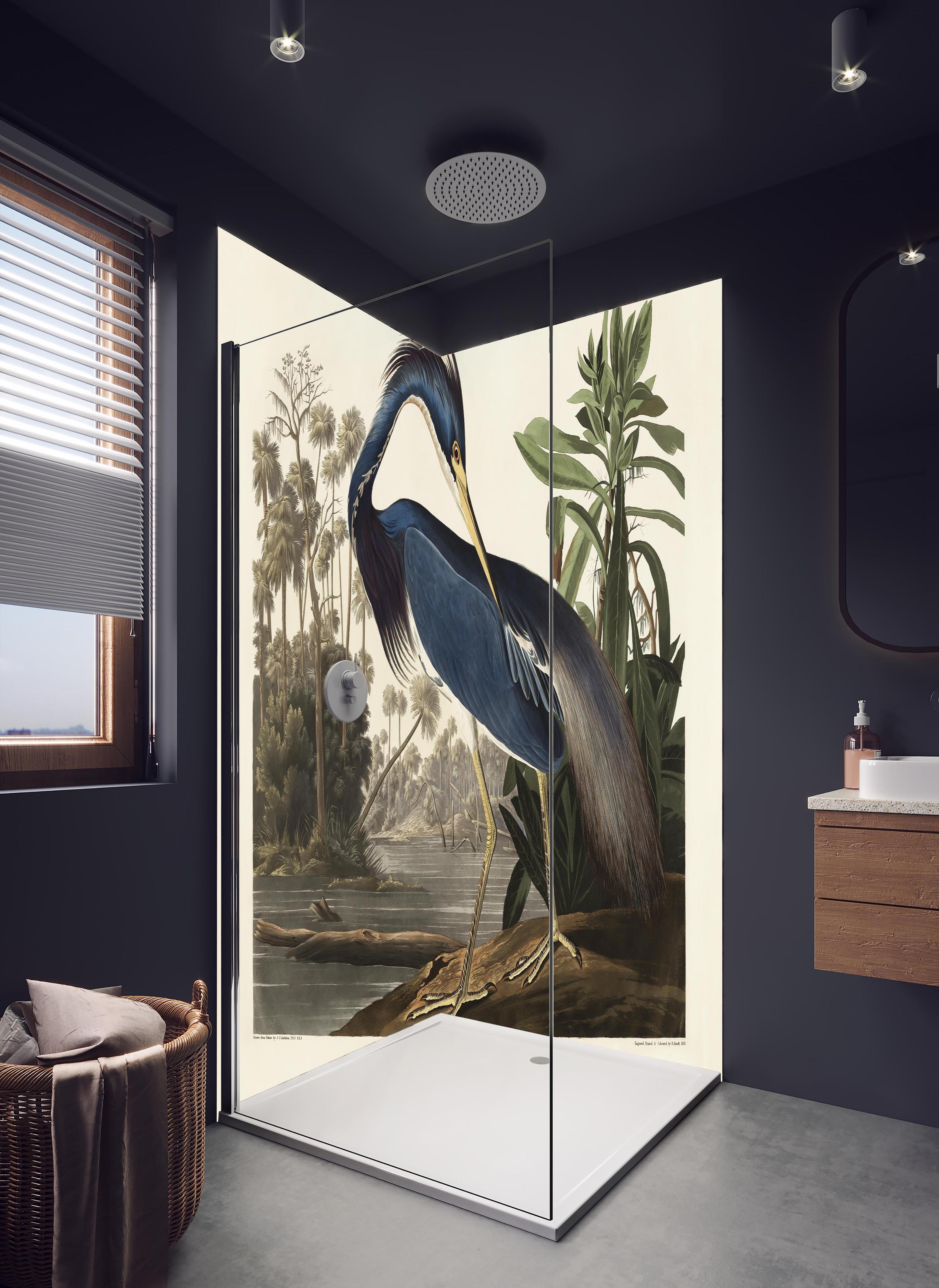 Duschrückwand - Reiher Portrait - John James Audubon in hellem Badezimmer mit Regenduschkopf  - zweiteilige Eck-Duschrückwand