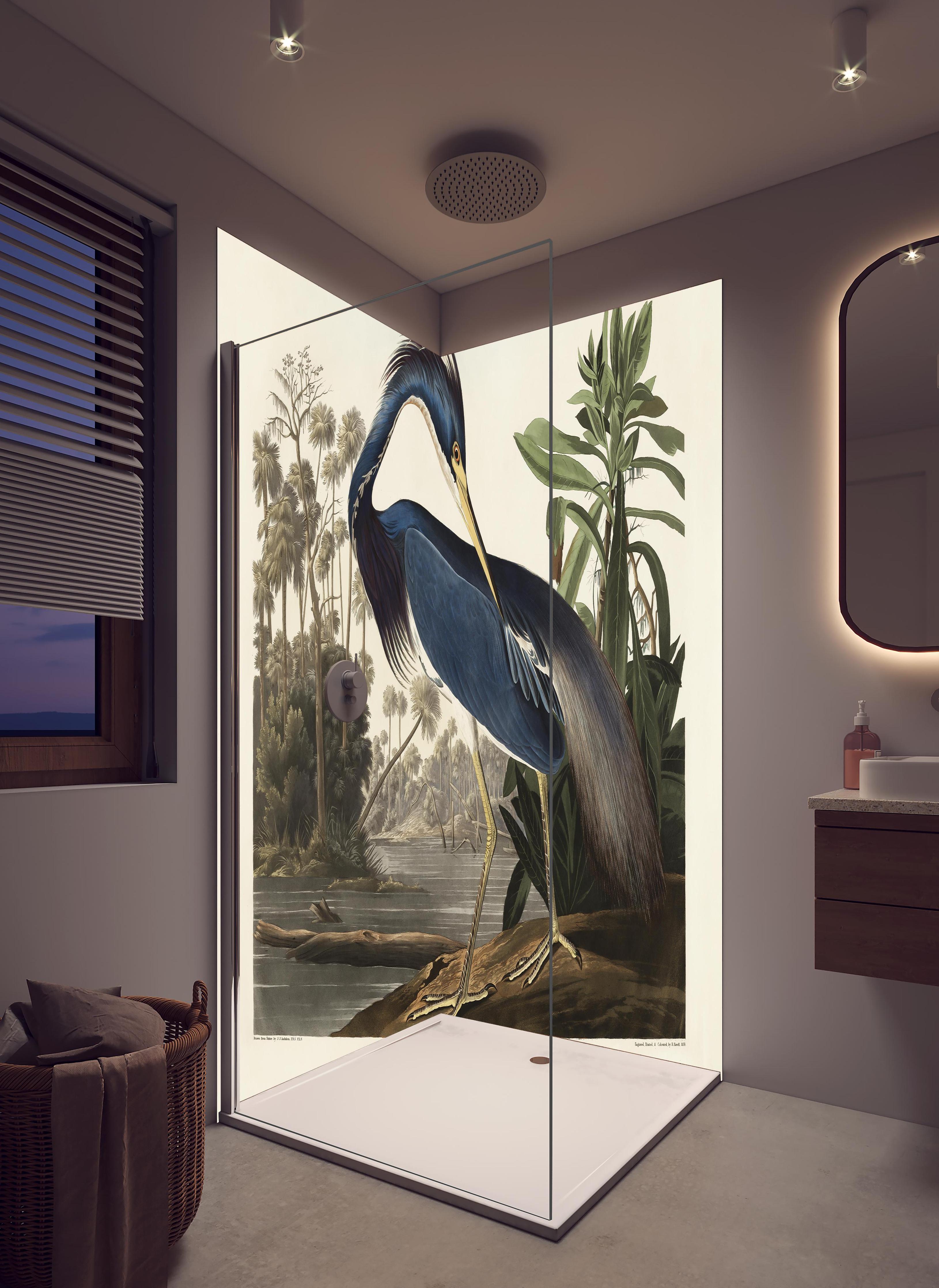 Duschrückwand - Reiher Portrait - John James Audubon in hellem Badezimmer mit Regenduschkopf  - zweiteilige Eck-Duschrückwand